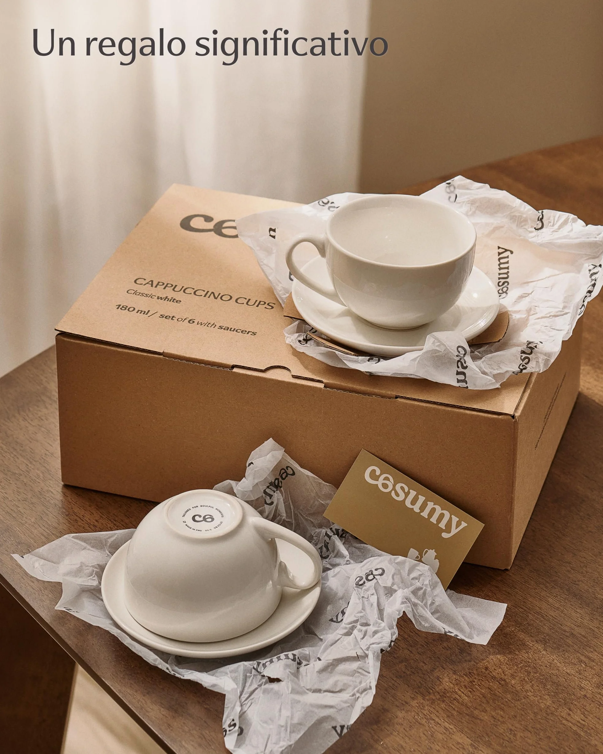 Tazzine Caffè 6 Pezzi in Ceramica Bianche con Piattini - Tazze Cappuccino Lavabili in Lavastoviglie - Set Regalo 180 ml