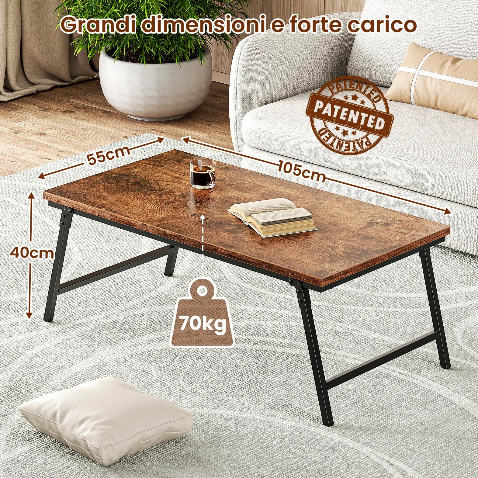 Tavolino Salotto, Tavolino Pieghevole, Design con Fibbia per Gamba del Tavolo, Nessun Montaggio Richiesto, Adatto per Soggiorno,105 x 55 x 40 cm