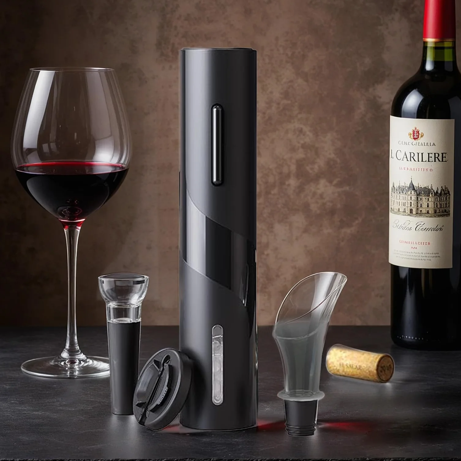 Cavatappi elettrico professionale con tagliacapsule, versatore e tappo di vino