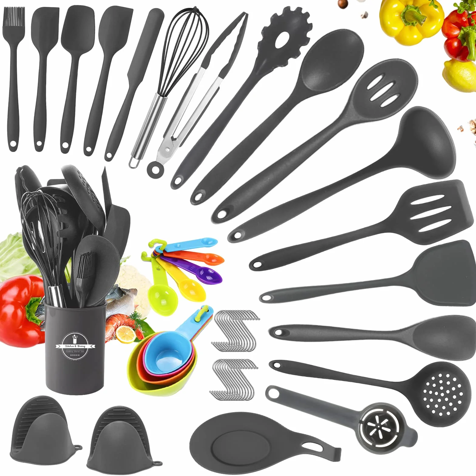 49pcs Set di Utensili da Cucina in Silicone con 20 Ami, 9 Misurini, 1 Secchio di Stoccaggio, Resistente al Calore Antiaderenti, con Ganci- Grigio Scuro