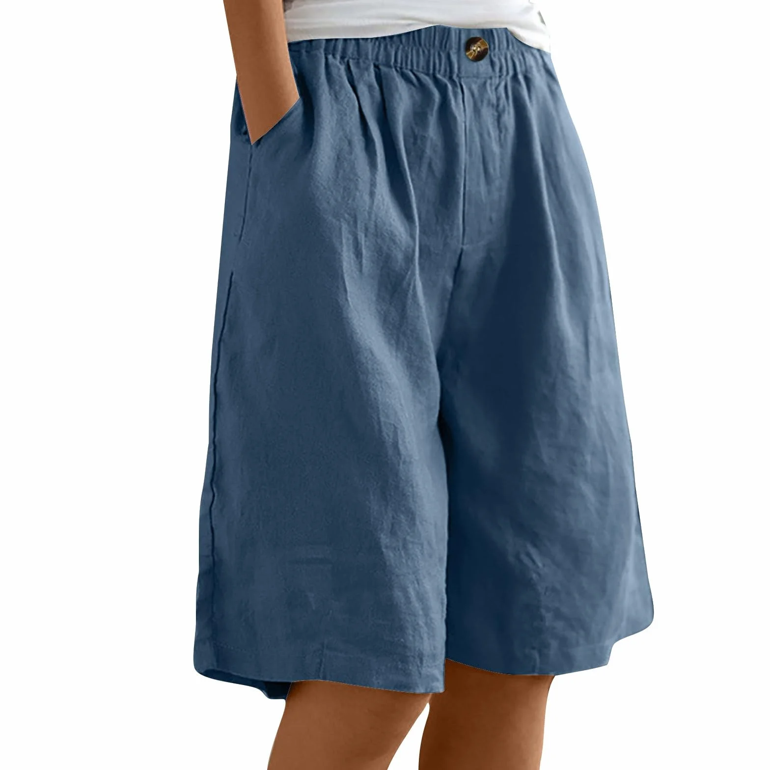 Pantaloncini Donna Estivi Cotone e Lino Shorts Larghi Leggeri Eleganti Comodi Bermuda al Ginocchio Baggy Pantaloni Corti Taglie Forti Pantaloncino con Elastico Vita