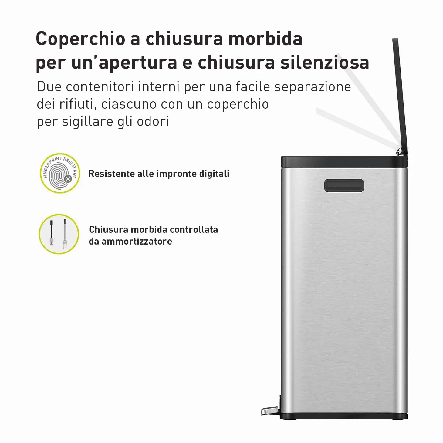 EKO Pattumiera Differenziata 2 Scomparti 30L + 30L con Doppio Pedale | Acciaio Inox Antimpronta | Coperchi Eleganti | Sottolavello Double