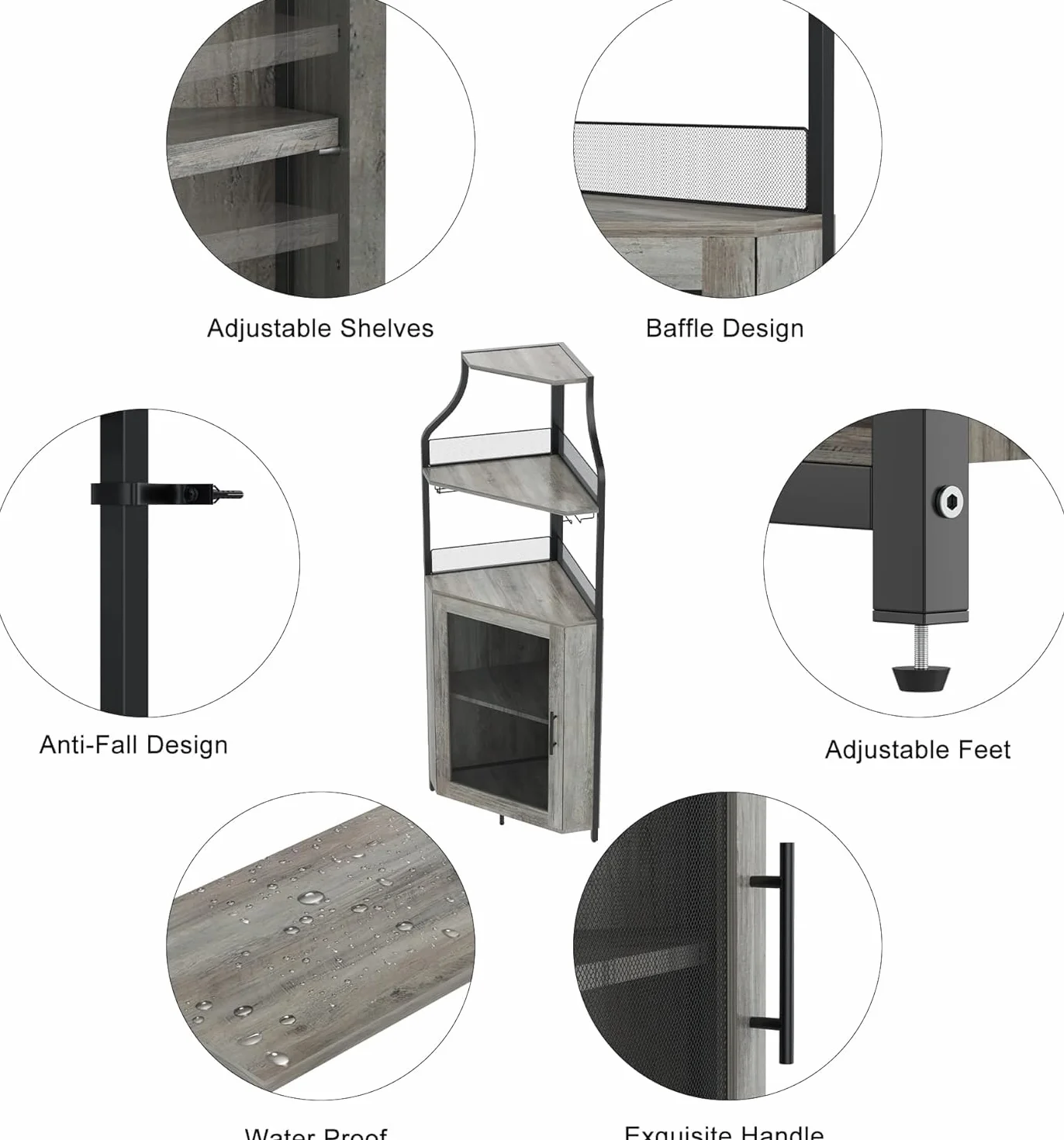 Armadietto angolare in legno con 2 supporti in vetro, armadio ad angolo con ante in metallo e 4 ripiani, cucina con superficie di lavoro, mobili da bar per ingresso, soggiorno, cucina (152 x 90 x 32