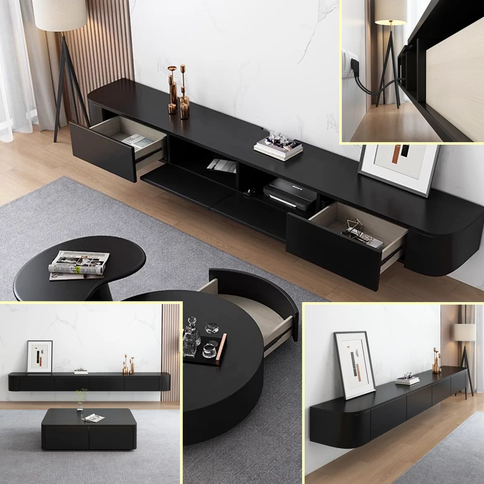 Supporto TV Sospeso in Legno Massello per Soggiorno Casa - Tavolino Supporto TV 140, 160, 180, 200, 220, 240 cm, Diverse Dimensioni (Nero, 220 x 20 x 24 cm)