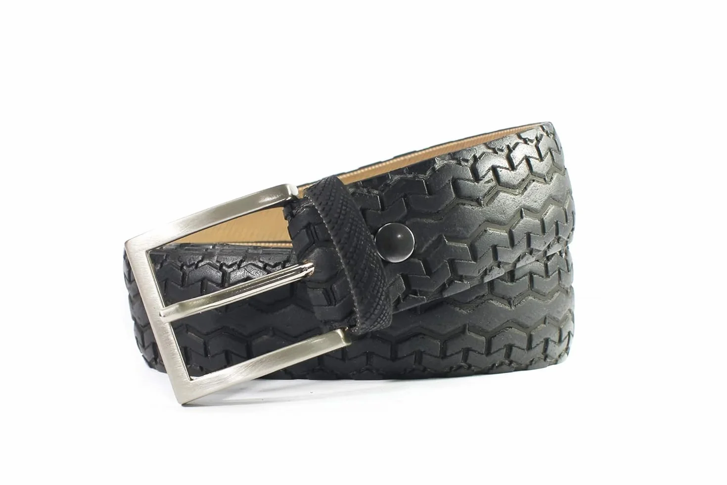 Cintura uomo nera riciclata copertone bicicletta fatta a mano Italia Taglia M/L Altezza fibbia 3,5 cm Lunghezza 128 cm Vegan
