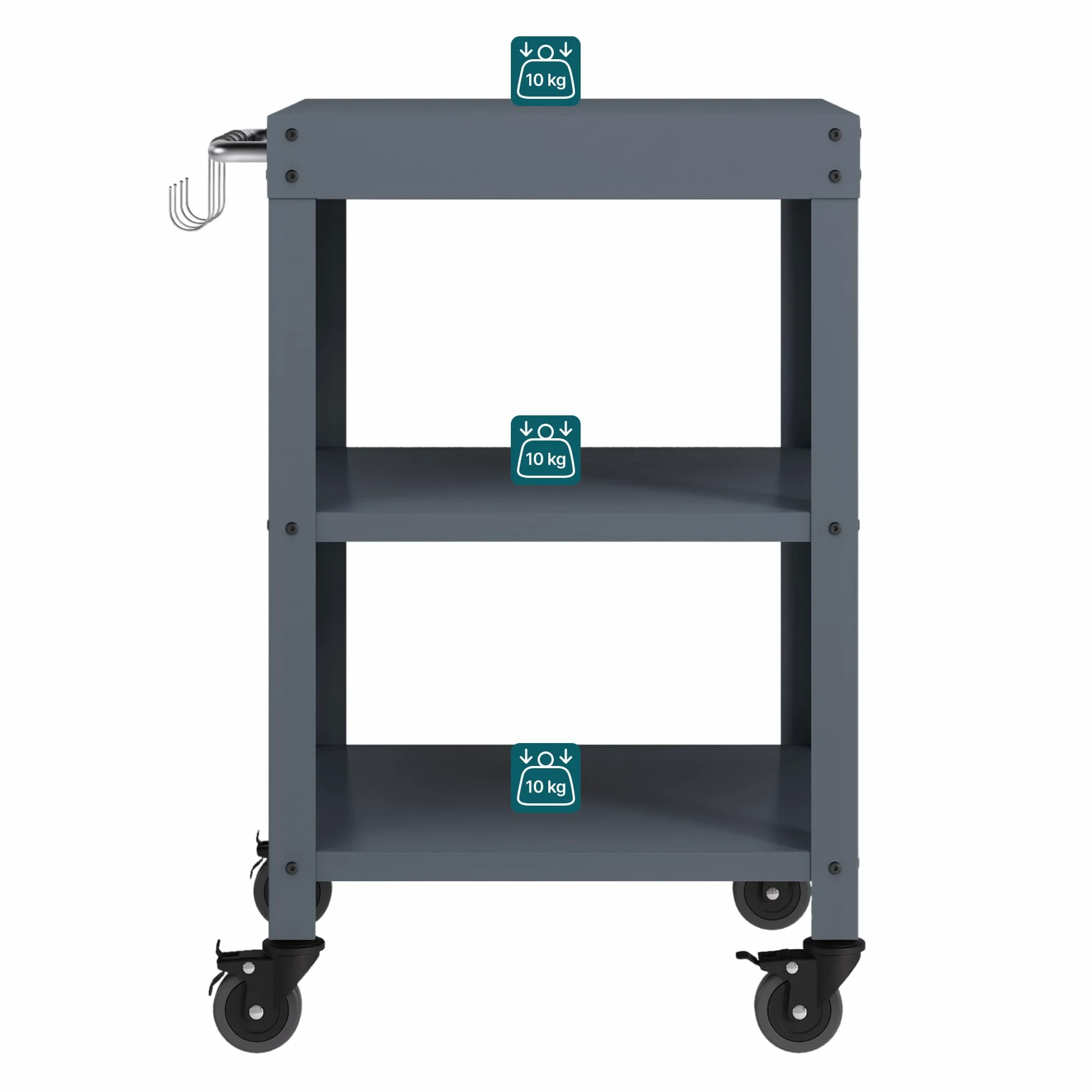 casa.pro Carrello Portavivande da Giardino in Acciaio con 3 Ripiani e Ruote Carrello Portatutto Da Cucina Servizio Portata a Rotelle 81x50x50 cm - Grigio Scuro opaco
