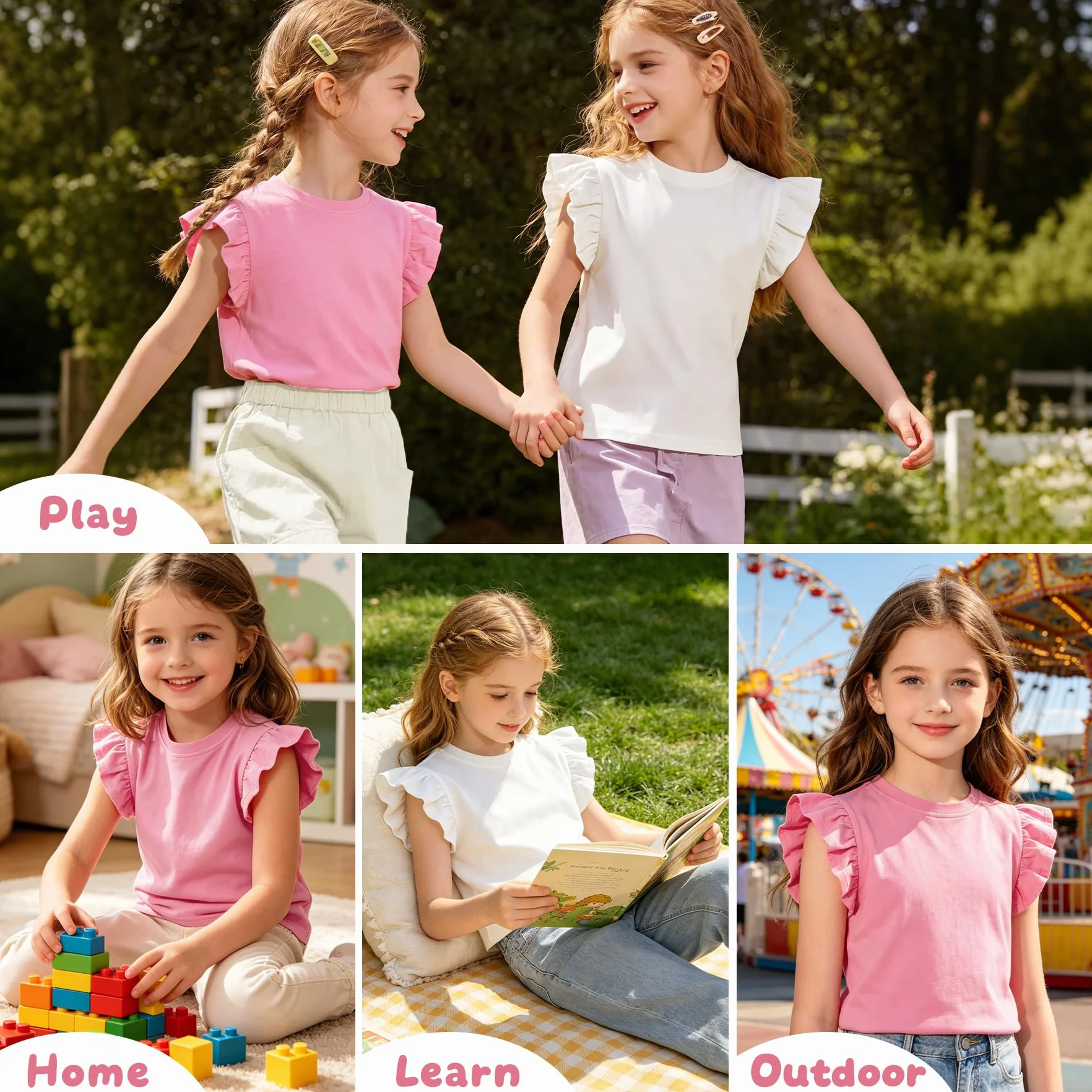 T-Shirt Bambina Ragazze Set di 2 Cotone Manica Farfalla Maglietta Collo Rotondo Top Morbido Casual Unicolore Tee Scuola Parco Estate Abbigliamento per Ragazza Bambine 4-10 Anni
