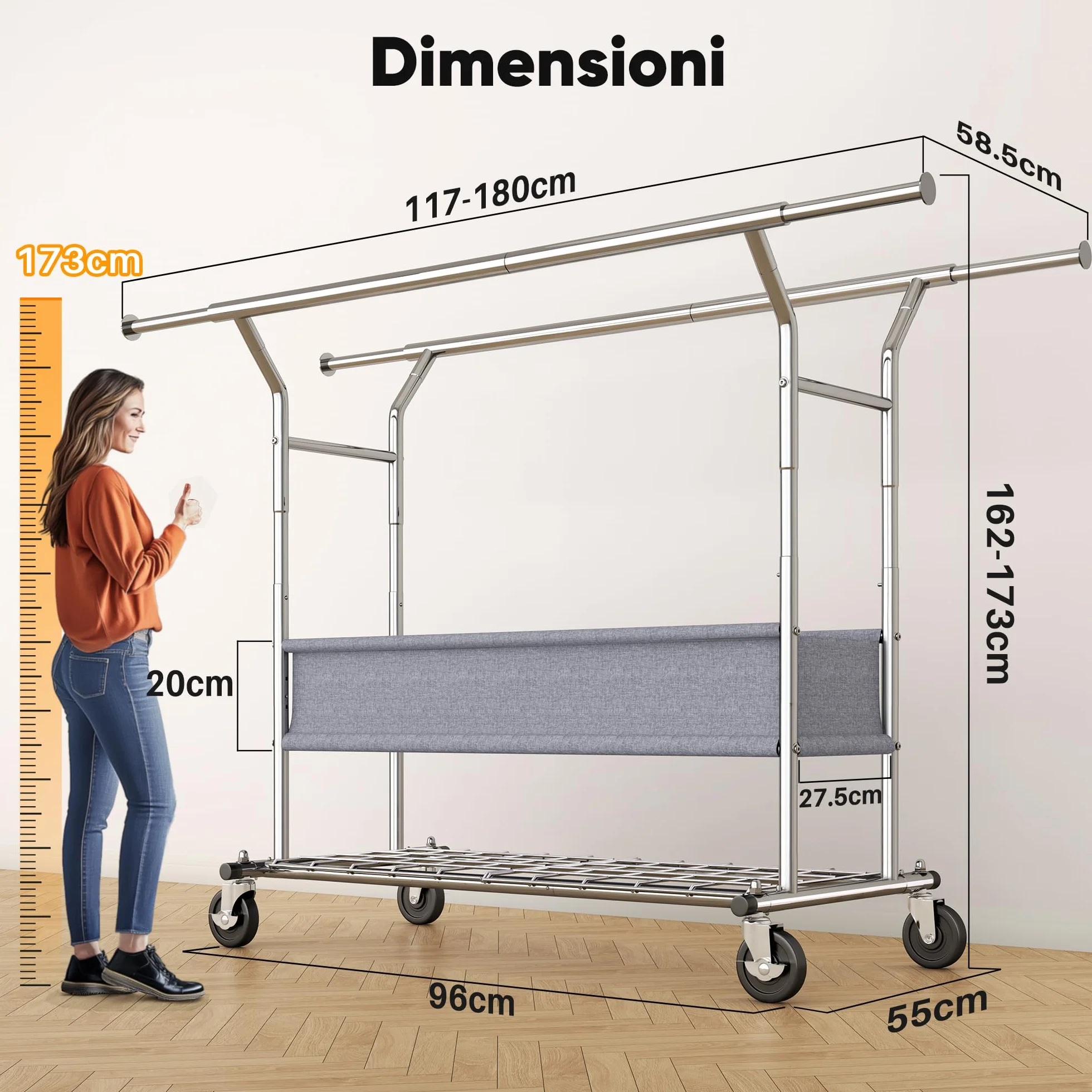 HOKEEPER Appendiabiti da Terra Resistente a Doppia Barra con Ruote, 283kg, con Cesta in Tessuto e Ripiano, Estensibile - Ideale per Camera da Letto, Boutique