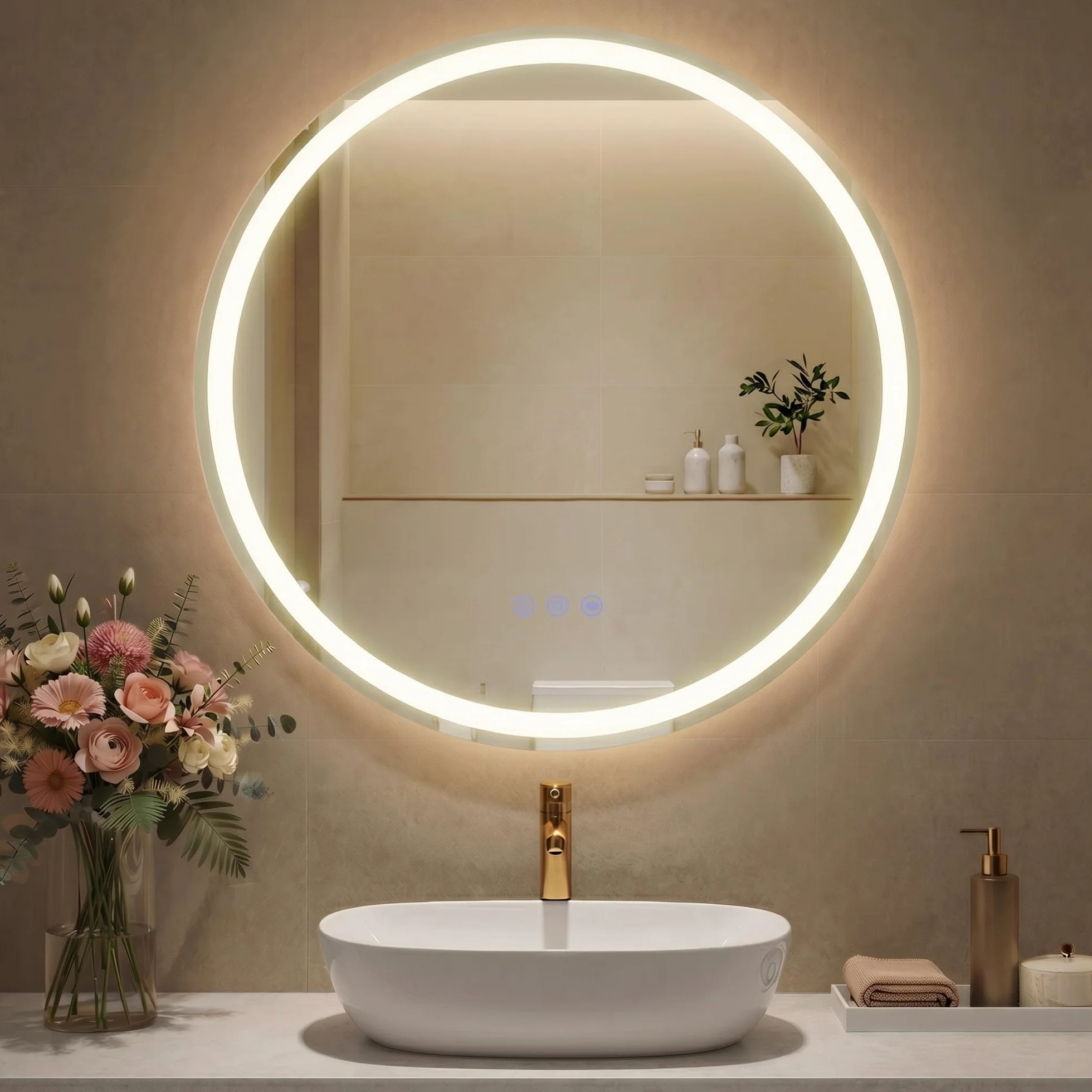SONGMICS Specchio Bagno con Luce, Specchio da Parete Rotondo, Funzione Antiappannamento, Tonalità e Luminosità Regolabili, Trucco, Camera da Letto Bagno, 61 cm, Bianco Nuvola LWM211WC02