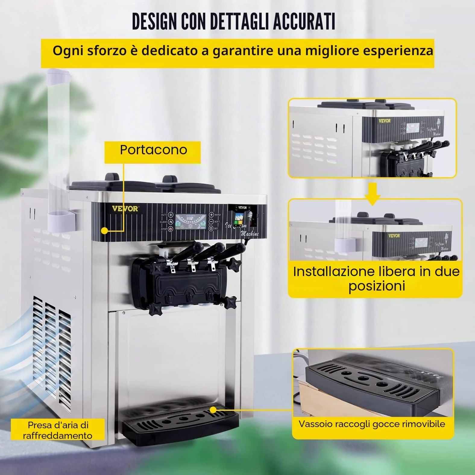 VEVOR Macchina per gelato commerciale da 5,3 a 7,4 galloni all'ora per servire morbido con display a LED Auto Clean 3 sapori perfetta per ristoranti snack bar, 2200 W, argento
