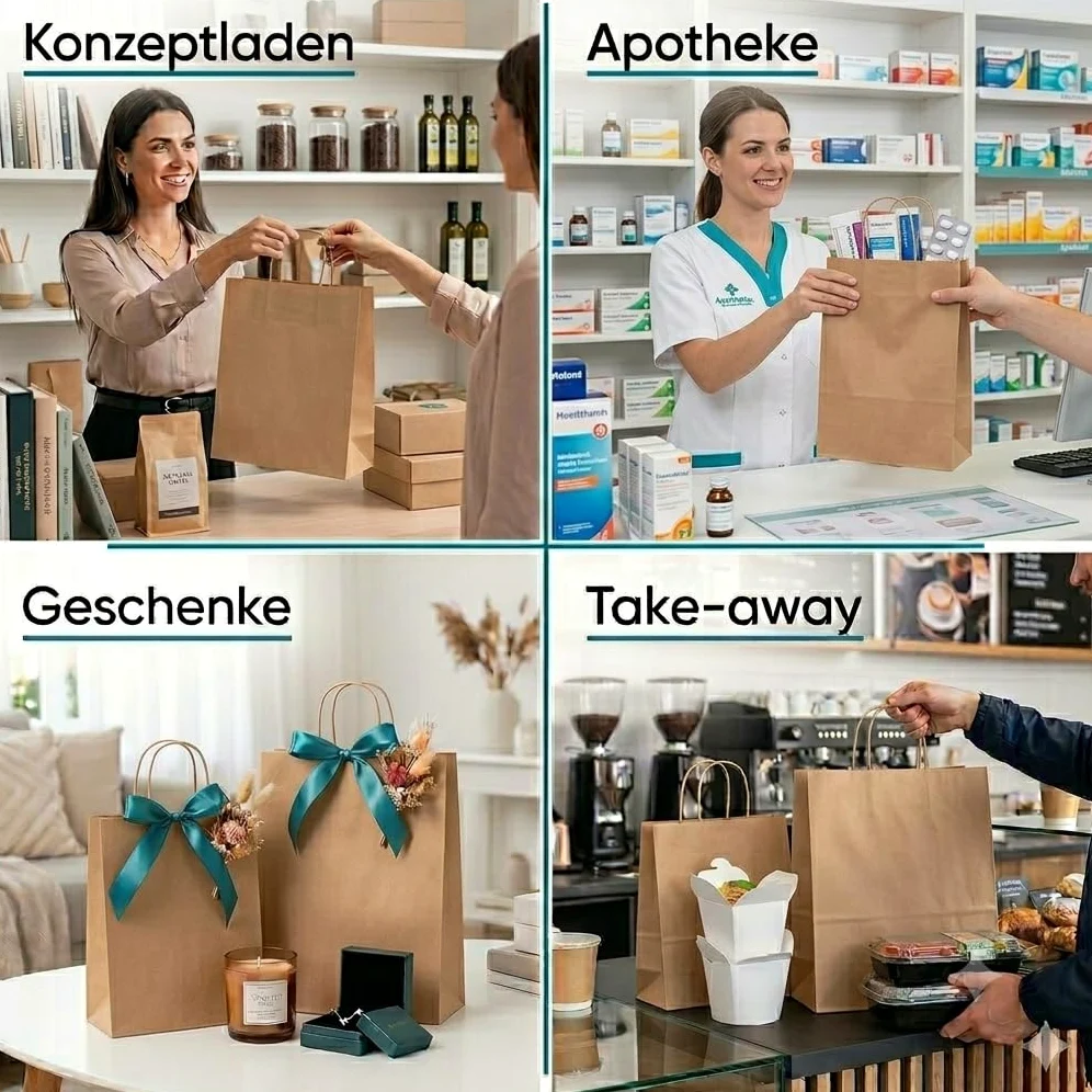 Commerline 100 pezzi Sacchetti di carta marrone con manico, 35+14x36 cm Sacchetti di carta kraft con maniglia in corda, sacchetti di carta per la spesa e il confezionamento, sacchetti regalo per feste