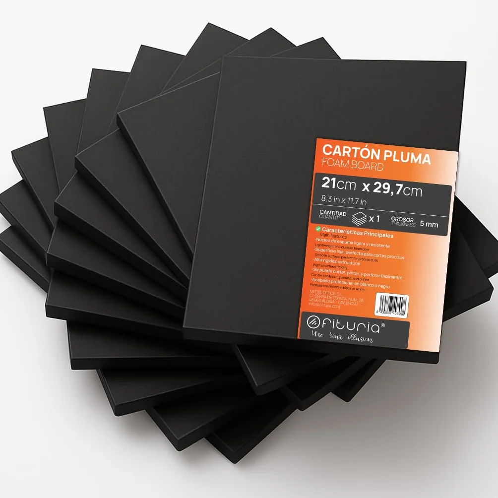 OFITURIA Pannello in Schiuma Nero A4 21x29.7 cm, Lastra Polistirene Espanso Leggero Rigido, Foamboard Multiuso, Spessore 5 mm