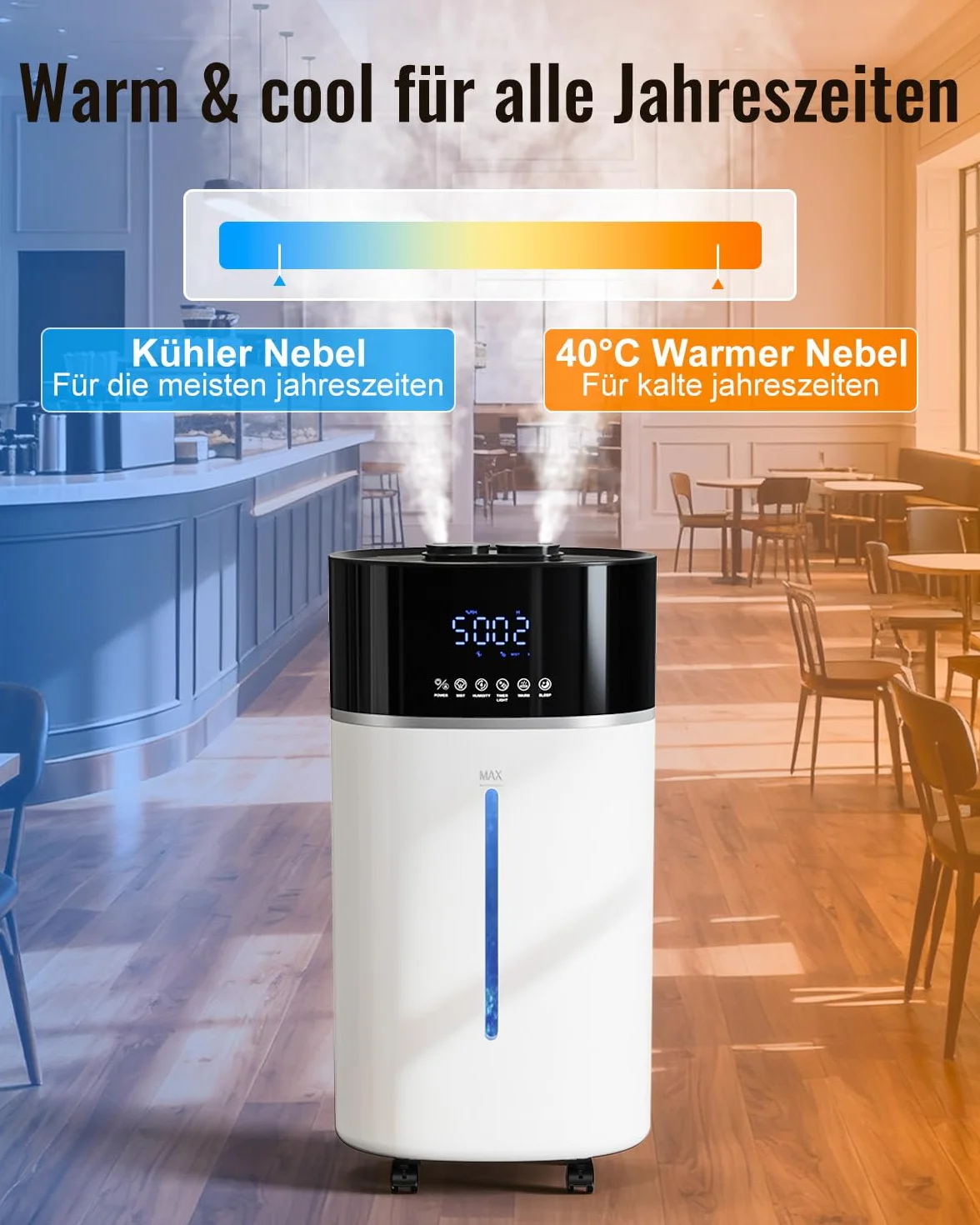 Umidificatore per stanze grandi, 18 L, tecnologia di nebbia calda e fredda, colore bianco