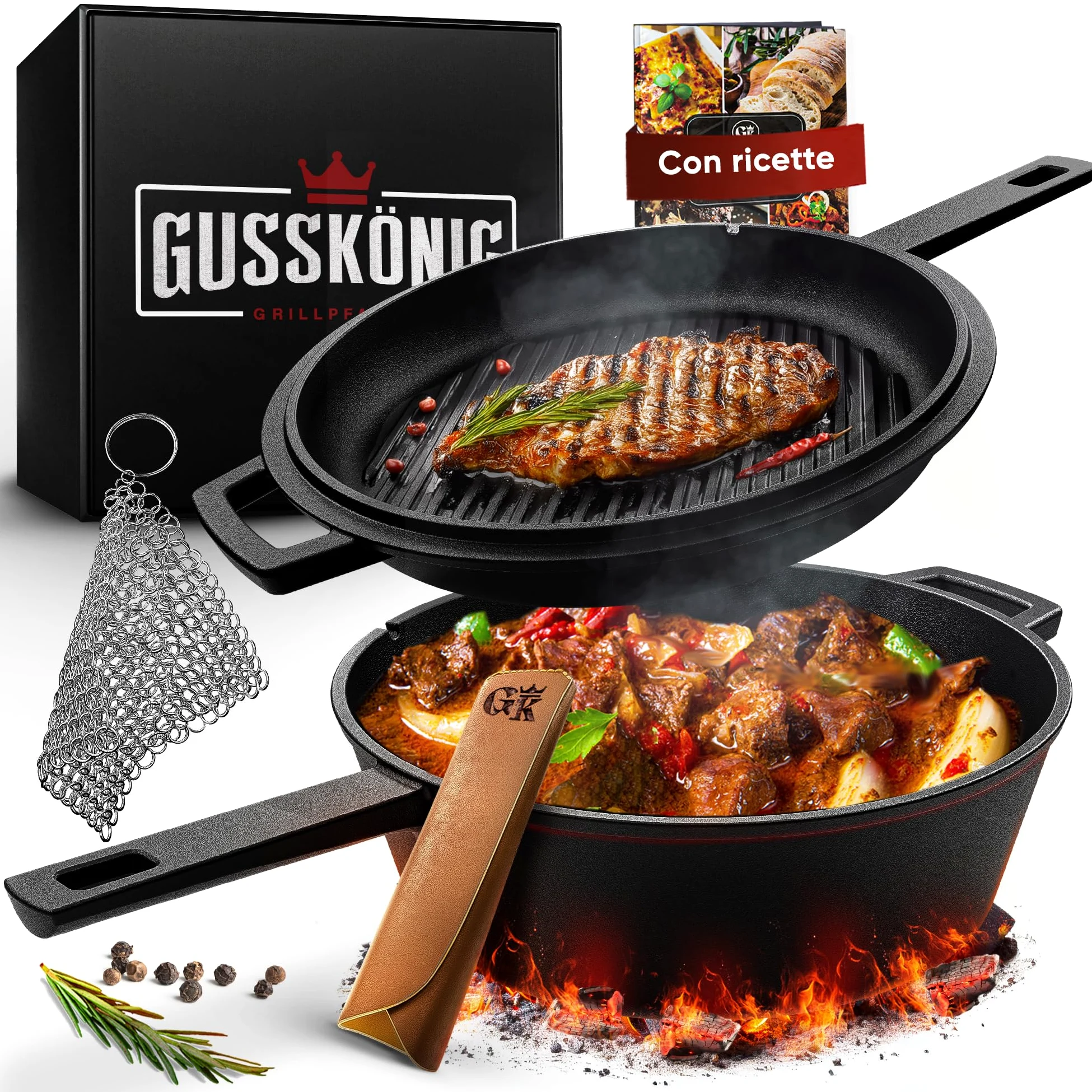 GUSSKÖNIG Dutch Oven - 2 in 1 Pentola in ghisa pre-stagionata 3L & Padella in ghisa 1,5L - Set Dutch Oven con funzione doppia Casseruola in Ghisa - Inclusi libro di ricette e accessori per BBQ