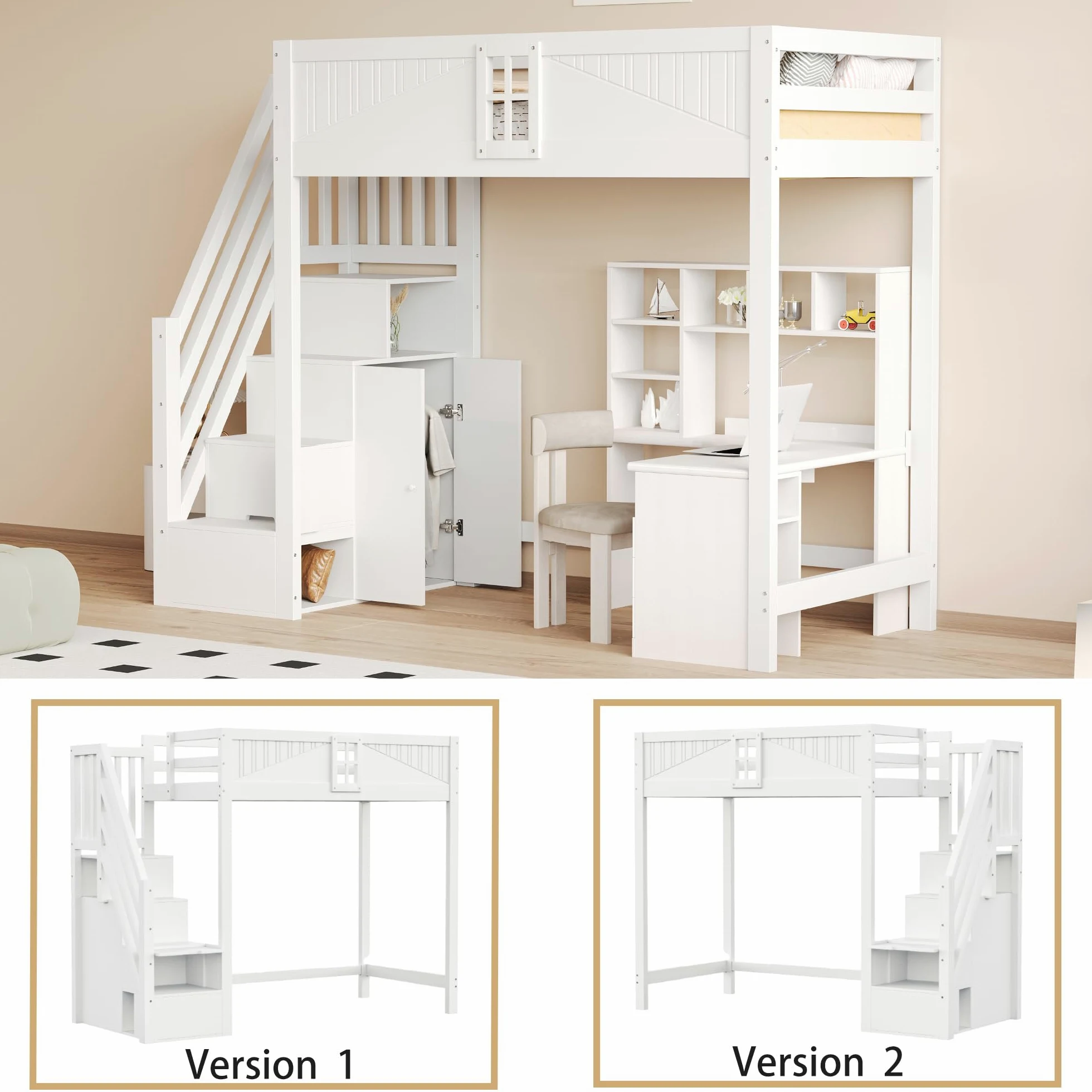 Azkoeesy Letto a soppalco per bambini con scala e armadio, 90 x 200 cm, in legno di pino, grigio-bianco, design a forma di finestra, per adulti e ragazzi (bianco)