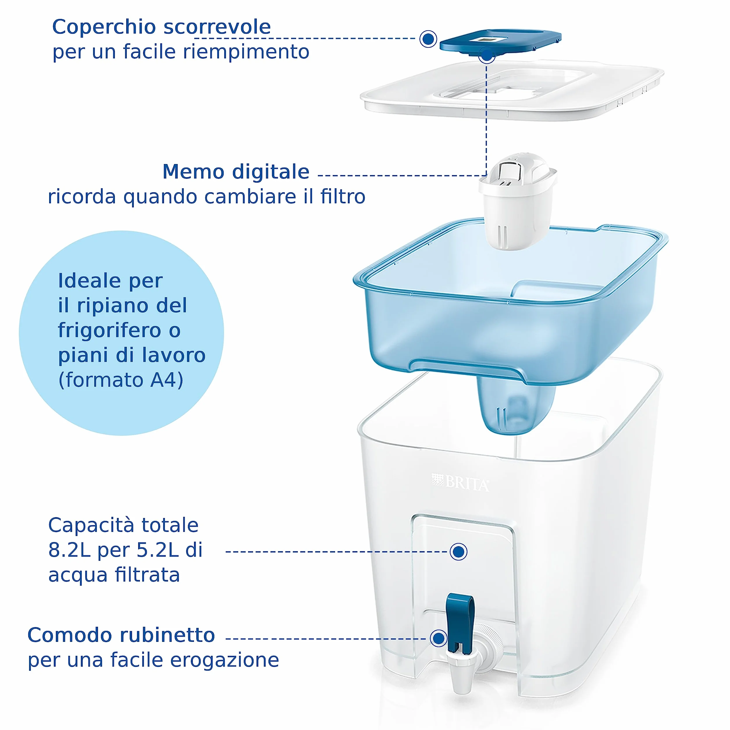 BRITA Flow Dispenser filtrante acqua 8.5L con filtro MAXTRA PRO All-in-1 riduce cloro calcare PFAS metalli