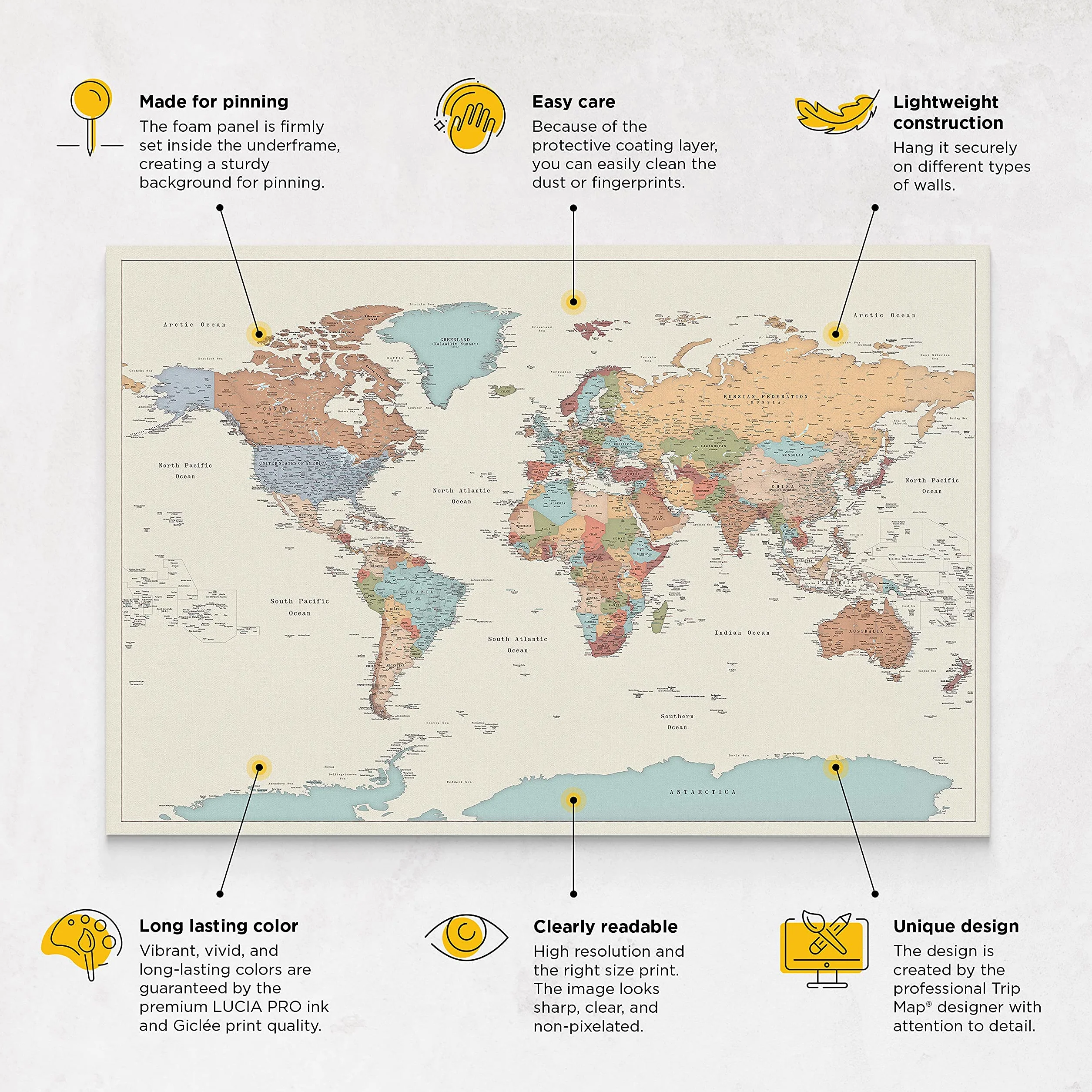 Trip Map Planisfero da Parete - Dettagliato Cartina Geografica Del Mondo con Puntine - Stampa su Tela - Diario di Viaggio - 3 Dimensioni: Media/Grande/Gigante