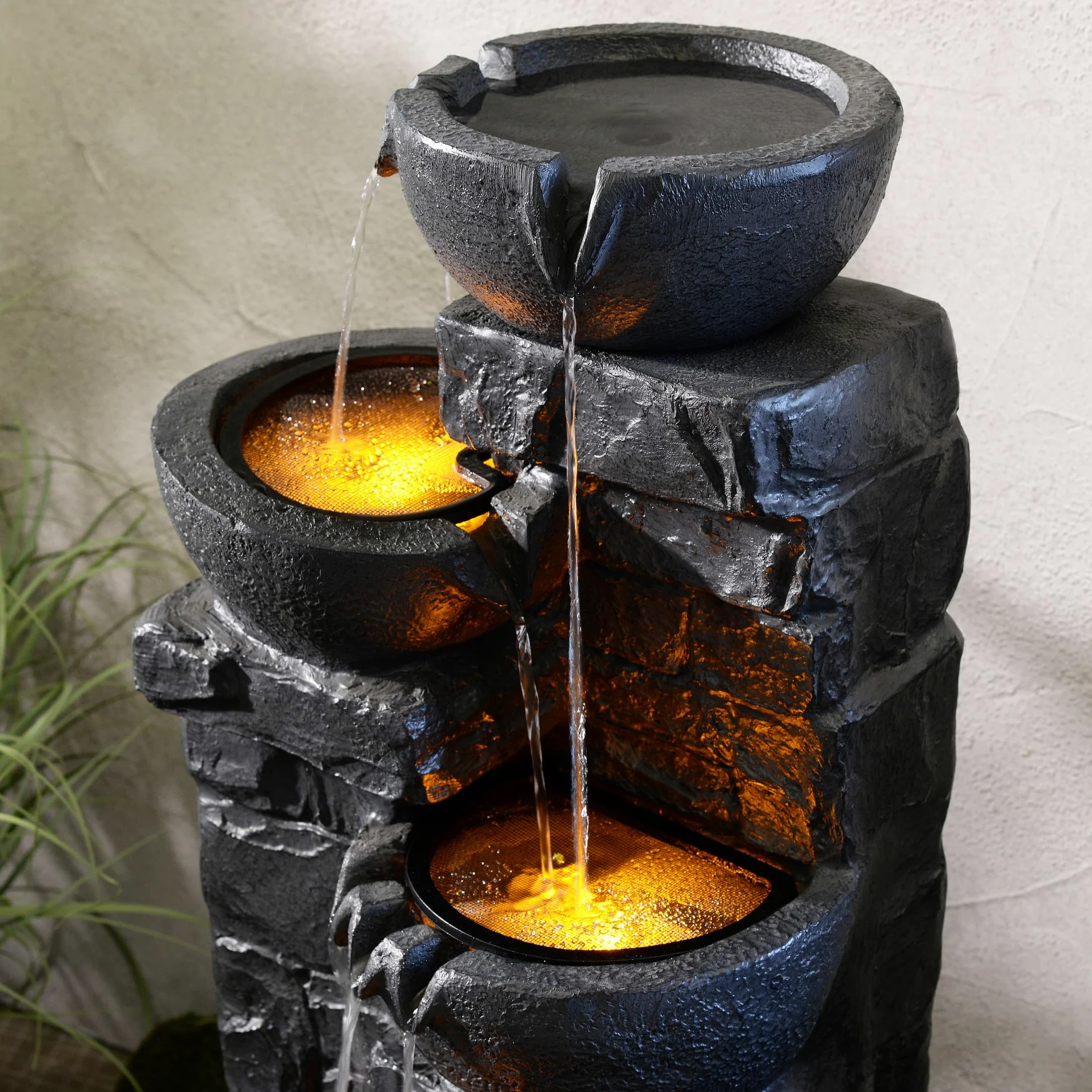 Teamson Home Fontana da giardino rustica a ciotole sovrapposte con LED regolabile effetto pietra in poliresina grigio scuro per patio o giardino