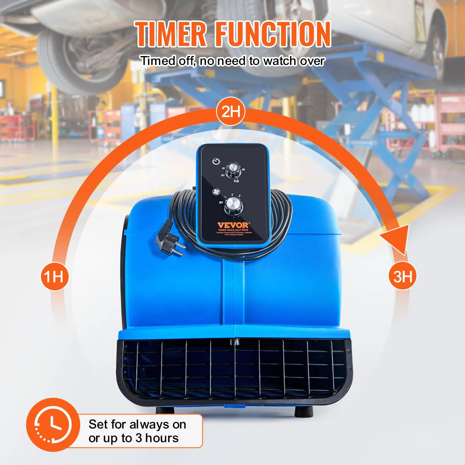 VEVOR Soffiatore da Pavimento 1400 Giri/min Ventilatore per Asciugatura Tappeti Portatile 113,26 m³/min con 3 Angoli di Soffio Temporizzatore 3 Impostazioni di Velocità per Domestico e Commerciale
