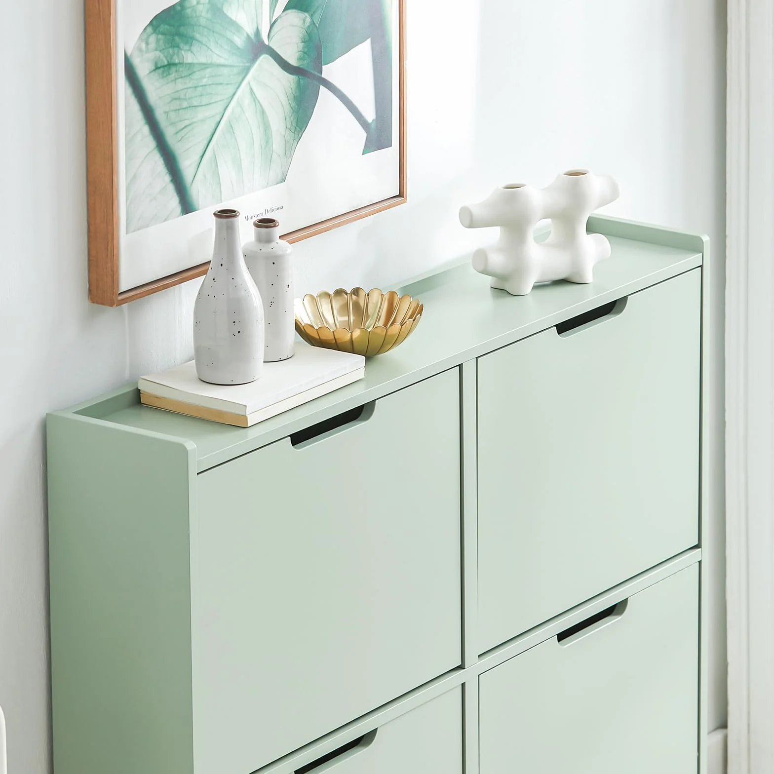 SoBuy Scarpiera Salvaspazio Slim da Ingresso Mobile Portascarpe 4 Ante a Ribalta Regolabili Legno Armadio Alta Stretta Corridoio 100x19x91 cm Verde Chiaro FSR100-GR