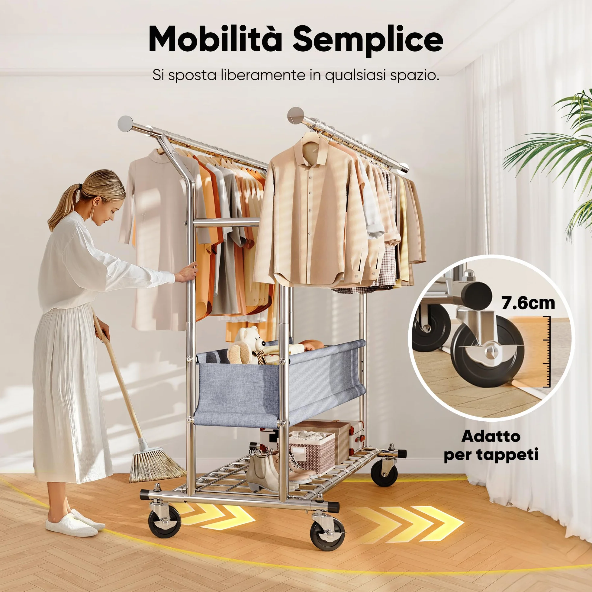 HOKEEPER Appendiabiti da Terra Resistente a Doppia Barra con Ruote, 283kg, con Cesta in Tessuto e Ripiano, Estensibile - Ideale per Camera da Letto, Boutique