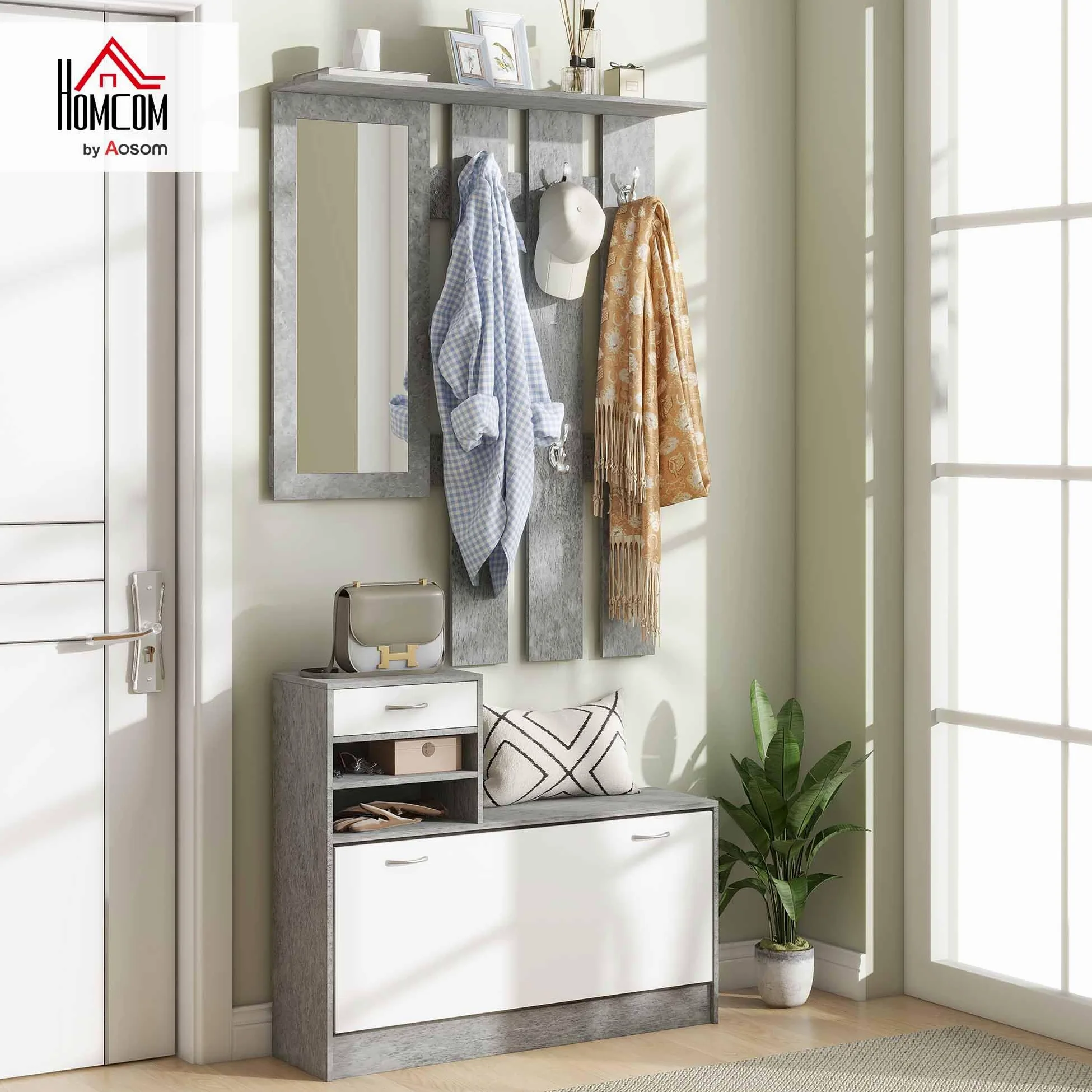HOMCOM Set Mobili Ingresso Moderno con Scarpiera e Specchio, Appendiabiti da Ingresso con 6 Ganci, 2 Ripiani Regolabili e Cassetti in Legno per Corridoio, Bianco e Grigio Chiaro