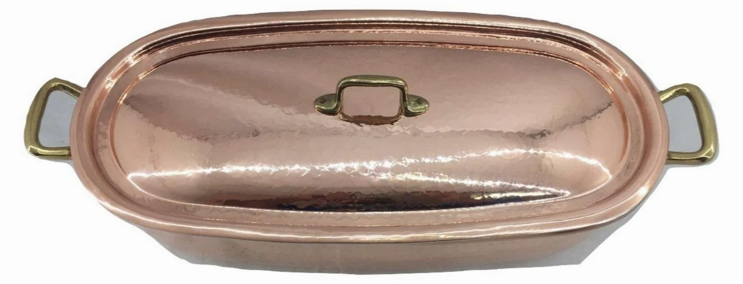 Pesciera in rame stagnato con coperchio da cucina griglia cestello vapore pentola pesce 44x20x13 cm