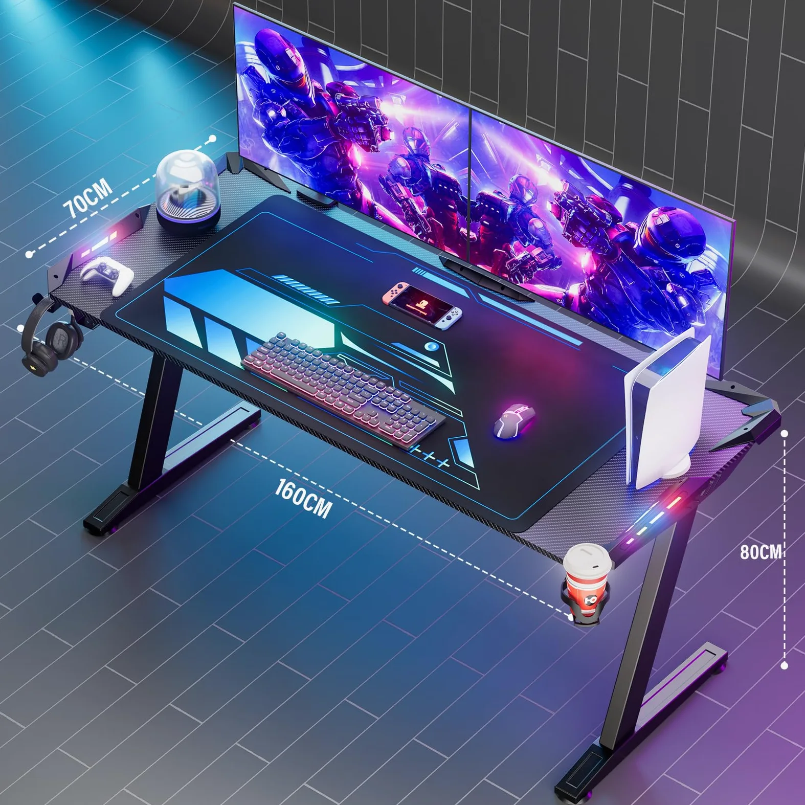 Himimi Scrivania Gaming LED 160 x 70 CM, Tavolo Gaming Ergonomica, Postazione Gaming Dotato con Piano del Tavolo in Fibra di Carbonio, Scrivania per Computer con Porta Bicchiere e Ganci per Cuffie