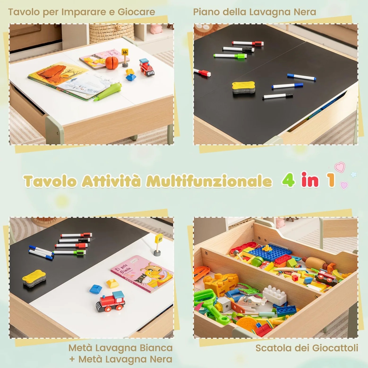 RELAX4LIFE 3 in 1 Tavolino Bambini, Set Tavolo per Bambini e 2 Sedie in Legno, Tavolino Legno con Piano a Doppia Faccia (Lavagna Bianco/Nero) per Giocare, Disegnare e Conservare, per Cameretta (Verde)