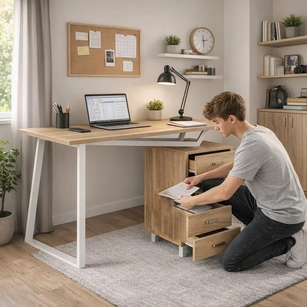 yelloo - Scrivania con Cassetti Salvaspazio, Scrivania Ufficio per Computer, Adatta per Cameretta, Scrivanie dal Design Moderno ed Elegante, Tavolo Ufficio Porta PC (Mod. ELEGANT Quercia)