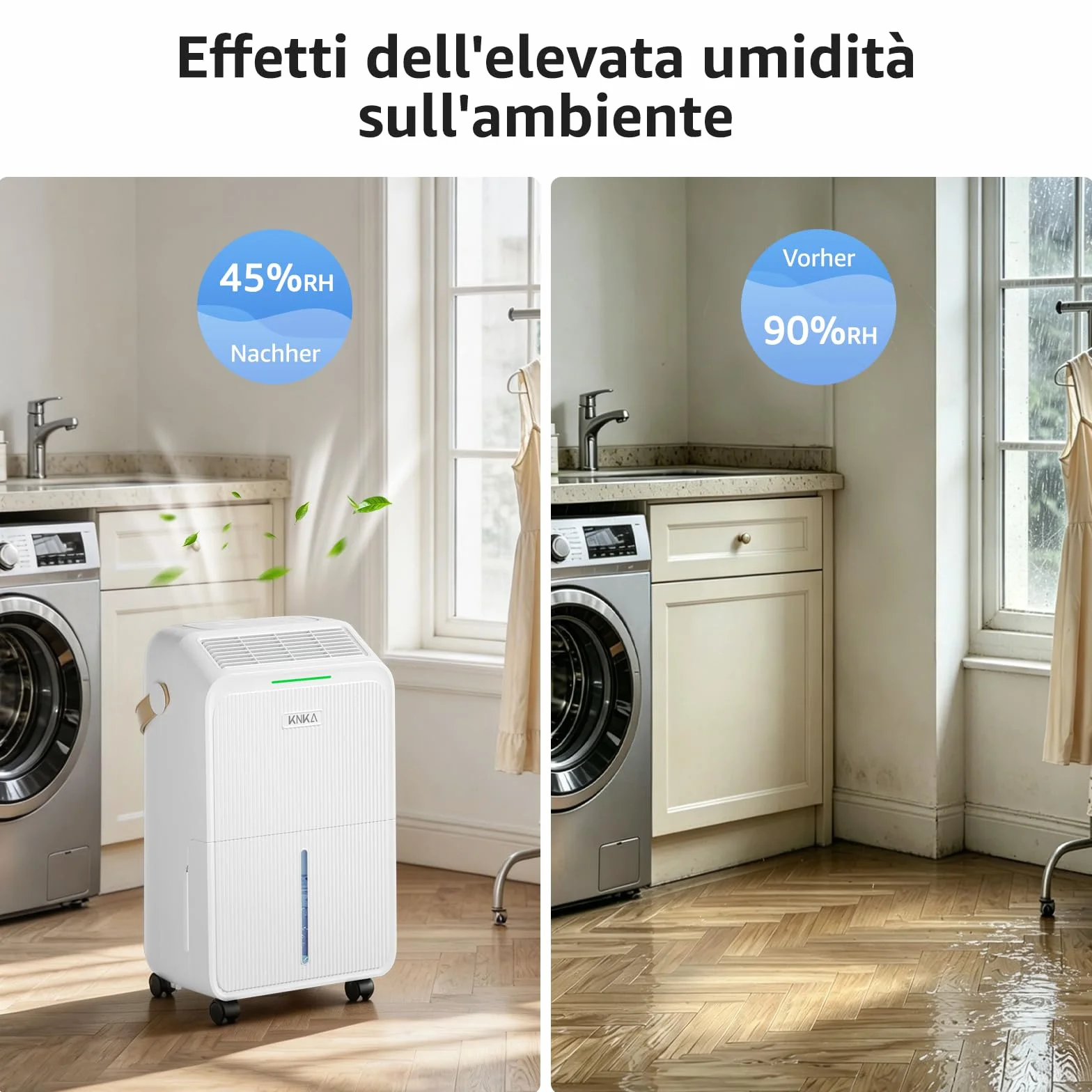 KNKA Deumidificatore, Deumidificatori Casa Muffa, 16L/24H, Serbatoio 3,3L, Basso Rumore, Basso Consumo, Sbrinamento Automatico, Blocco Bambini, Design Anti-Goccia, 4 Modalità, 80m³（32㎡）