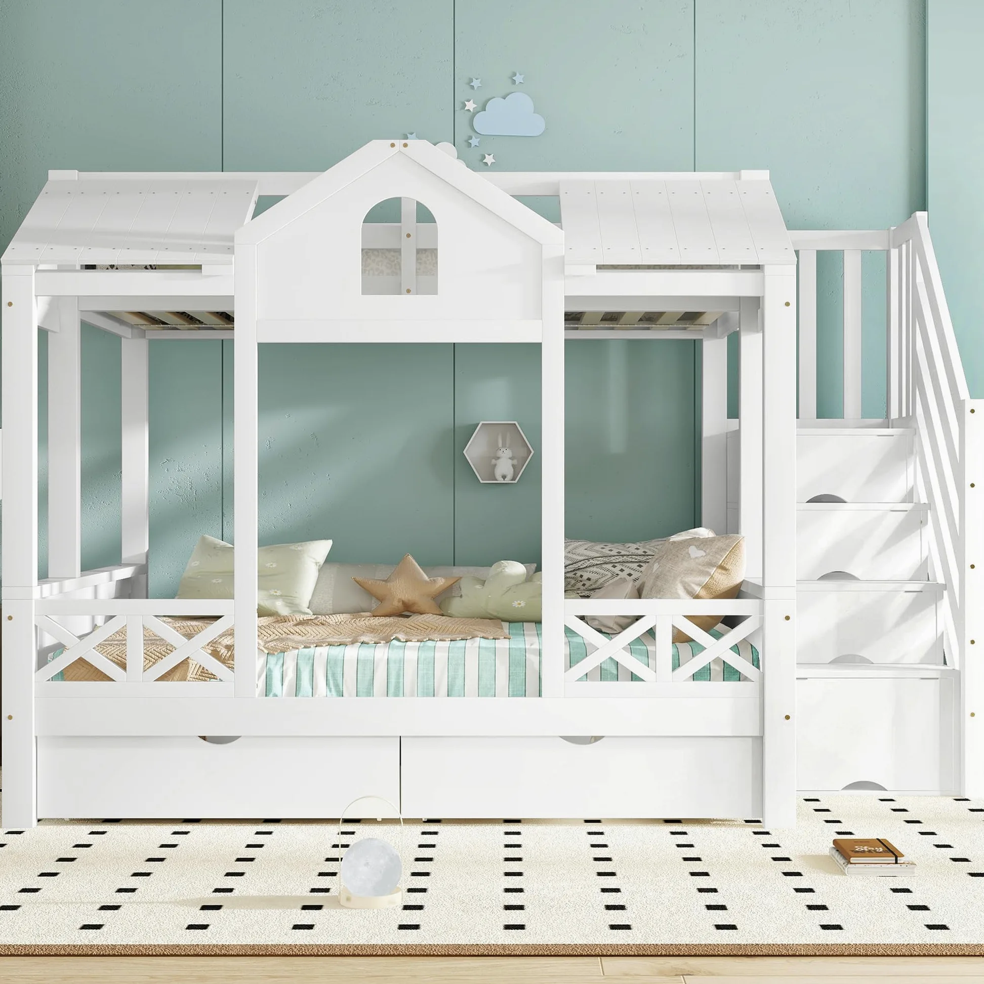 Letto a Castello per Bambini 90x200cm e 140x200cm, Letto Matrimoniale con Scala Contenitore e 2 Cassetti, Belle Finestre e Tetto, Strutture letto in Pino, Bianco(Senza materasso)