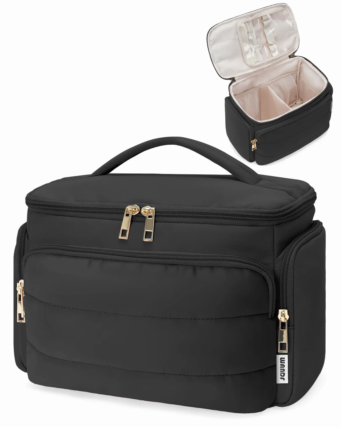 WANDF Beauty Case da Viaggio Donna, Grande Trousse Trucco a Larga Apertura con Maniglia, Organizer per Toiletries, Cosmetici, Accessori ed Essenziali da Viaggio, Nero