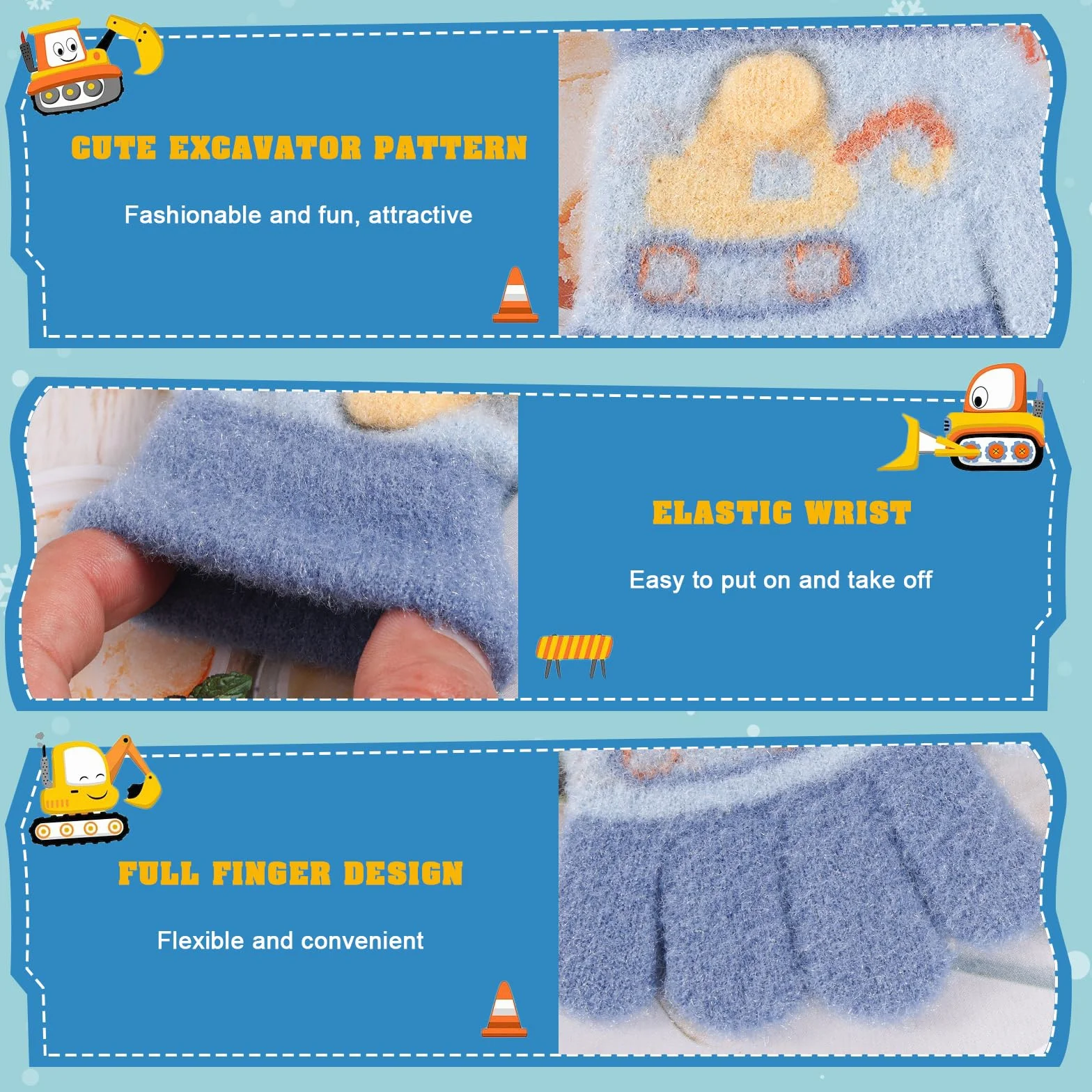 QKURT Guanti magici per bambini motivo a escavatore 3 paia guanti invernali termici elasticizzati dita intere 1-3 anni