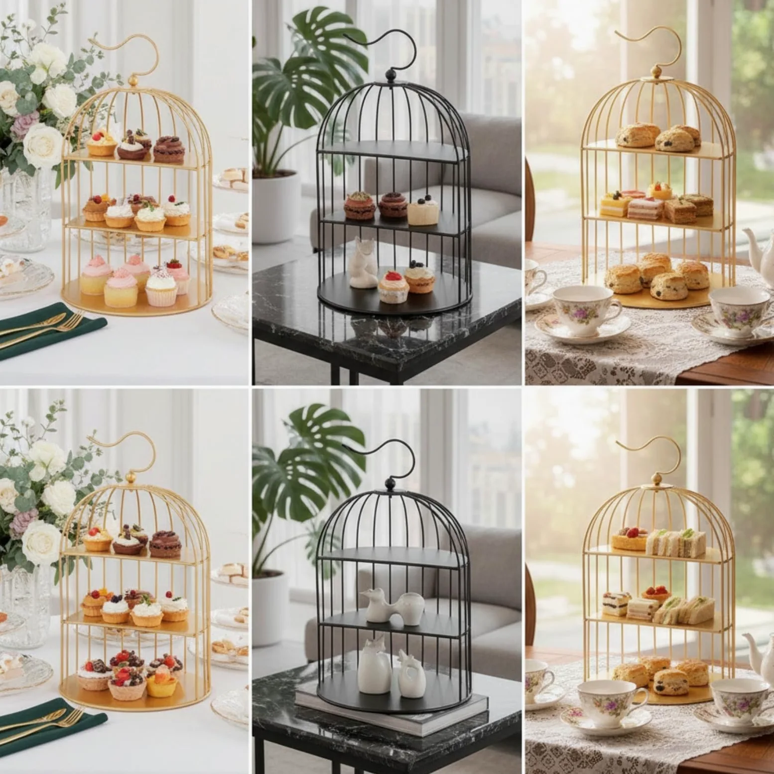 Alzata per Dolci Portatorta Vassoio Espositore in Acciaio Inox a Tre Ripiani Stile Gabbia con Manico Ad Arco Struttura , Oro , Stile Europeo, Design A Gabbia Per Uccelli A Tre Livelli