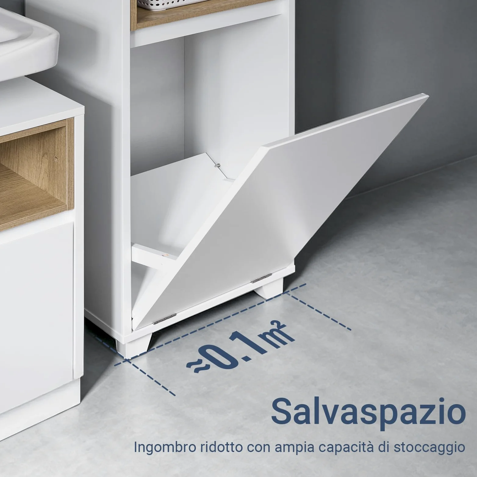 SoBuy Mobile Bagno Salvaspazio con Cesto Portabiancheria – Mobiletto Cassettiera Bagno, Mobile Lavanderia Bianco, 35 x 30 x 105 cm, BZR146-W