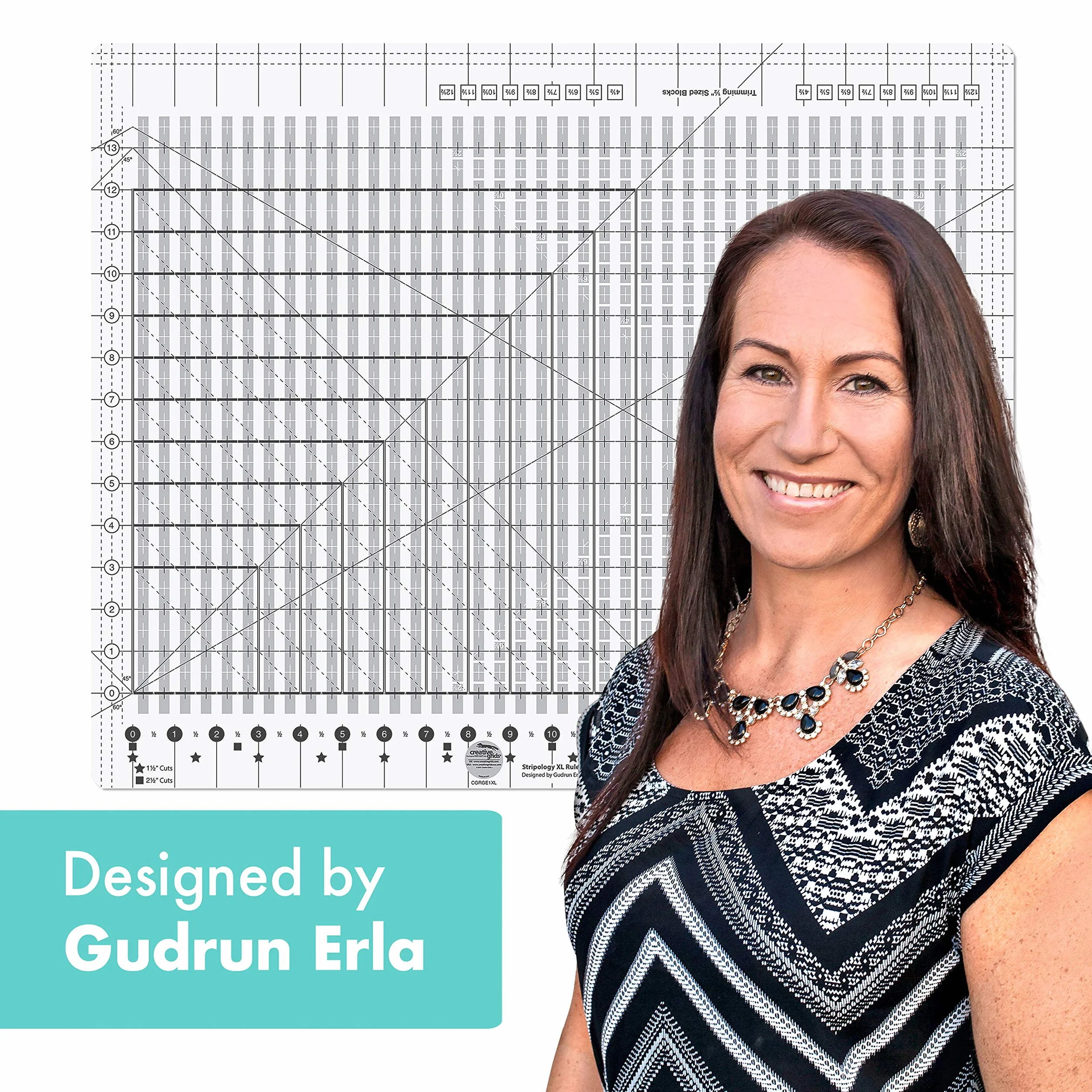 Creative Grids Stripology XL - Righello per trapuntatura, modello progettato da Gudrun Erla, impugnatura antiscivolo brevettata