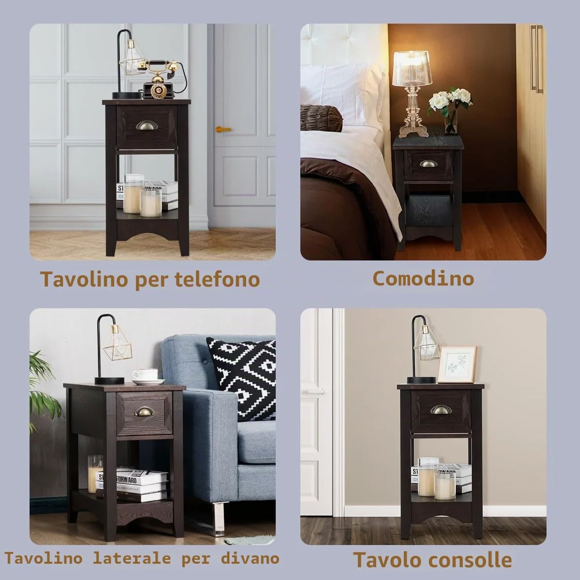 LIFEZEAL Set di 2 Comodini Stretti con 1 Cassetto, Comò a 2 Ripiani, Mobiletto Camera da Letto, Moderno, Tavolino Basso Laterale da Divano, Gambe in Legno Massello, per Soggiorno, 33x56x58,5cm, Noce