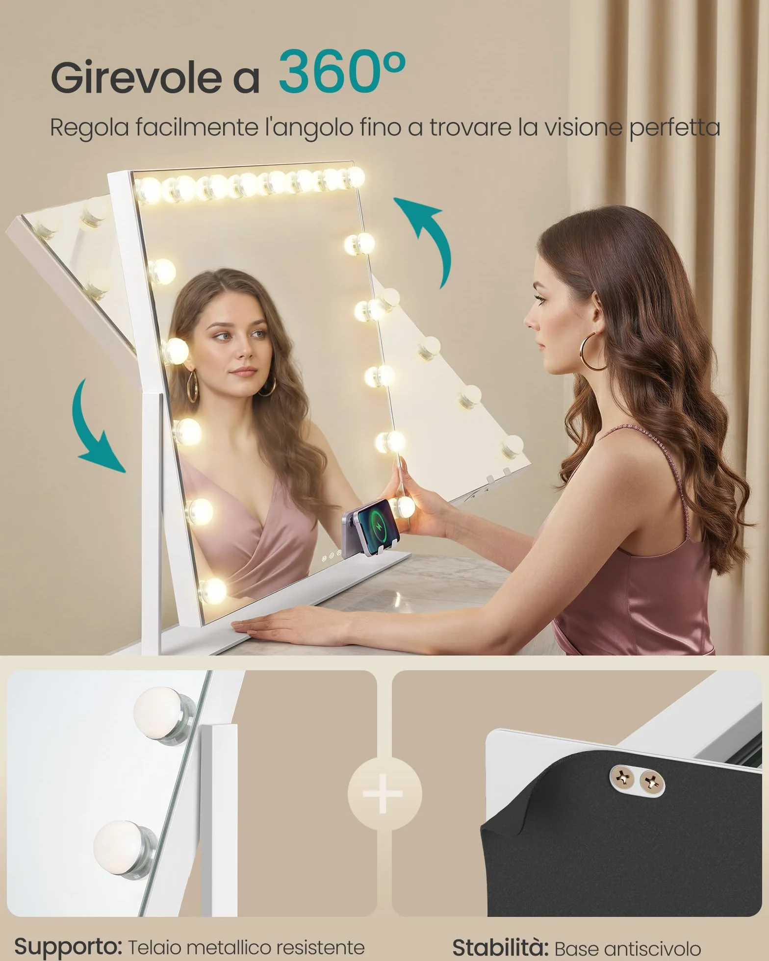 SONGMICS Specchio Trucco Luci 18 LED Dimmerabili 3 Temperature Colore 80x60 cm Bianco Opaco