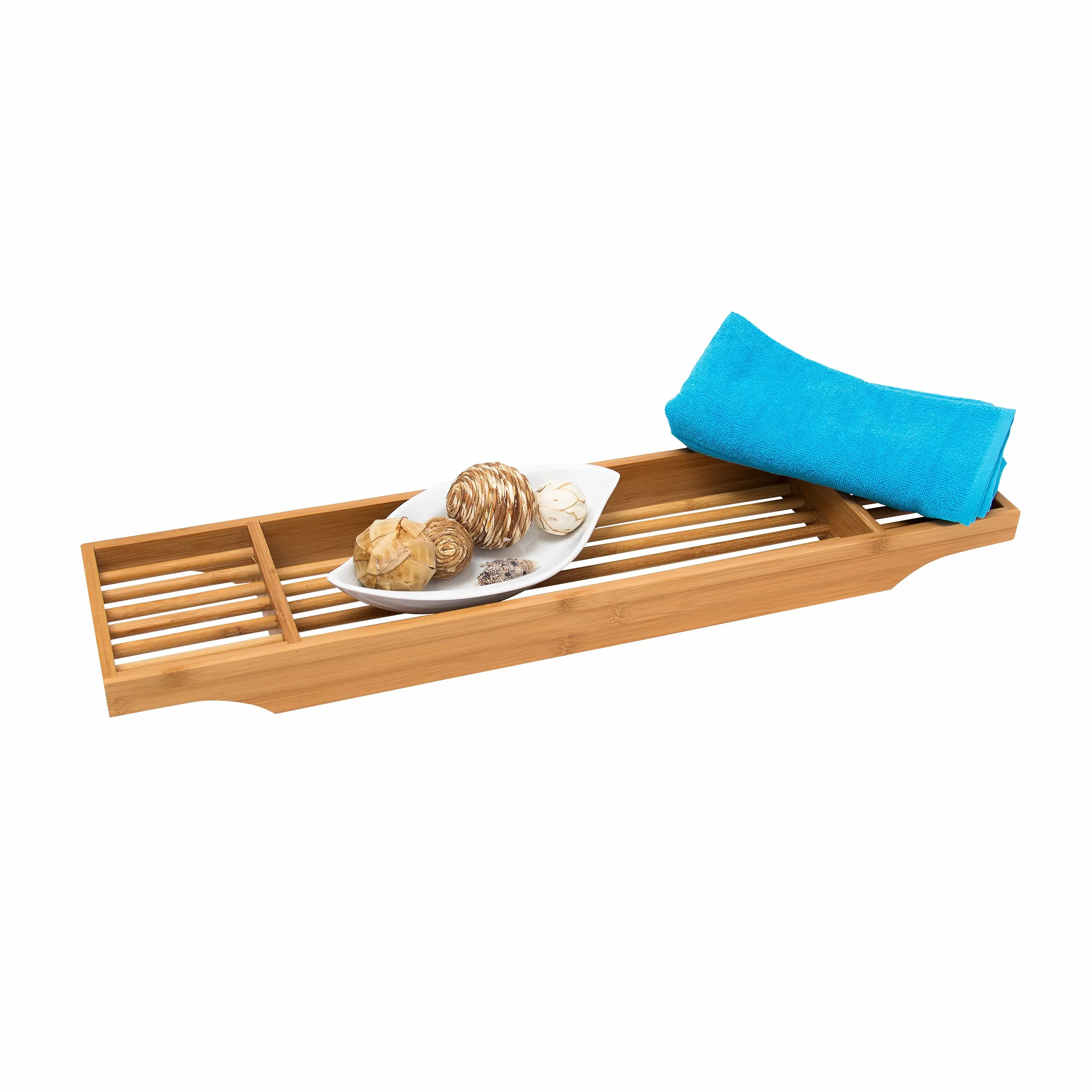 Relaxdays Mensola per Vasca da Bagno in bambù, HLP: 5,5 x 70 x 16,5 cm, 3 Scomparti, Porta-Saponetta, Legno Naturale