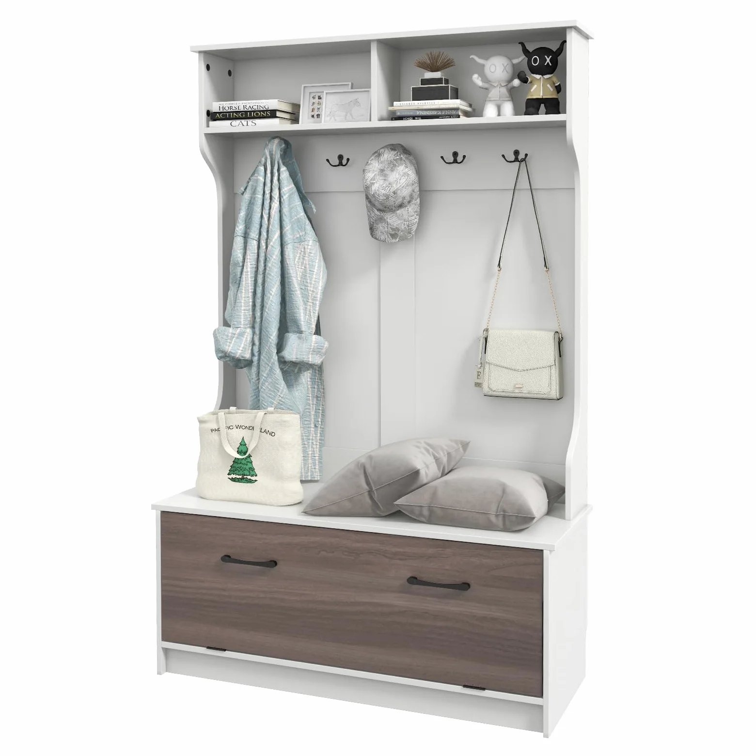GIANTEX Appendiabiti con Panca da Scarpe, Armadio con Panca Portaoggetti e 5 Ganci e Scomparti, Mobile d'Ingresso Moderno per Corridoio, Camera da Letto, 100x40x160 cm (Bianco)