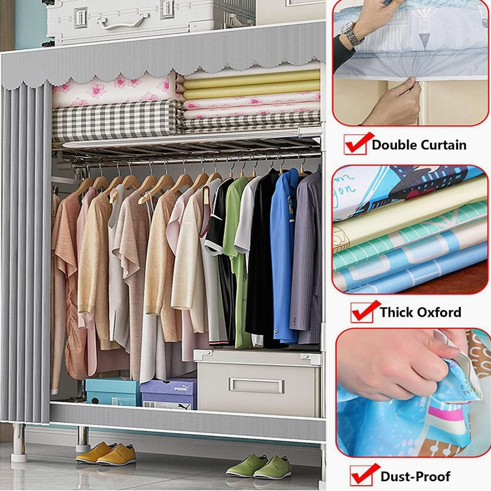 Armadio In Stoffa, Armadio Richiudibile Cabina Salvaspazio Guardaroba Non Tessuto Appendiabiti In Tessuto 207x46x173cm (Grigio)