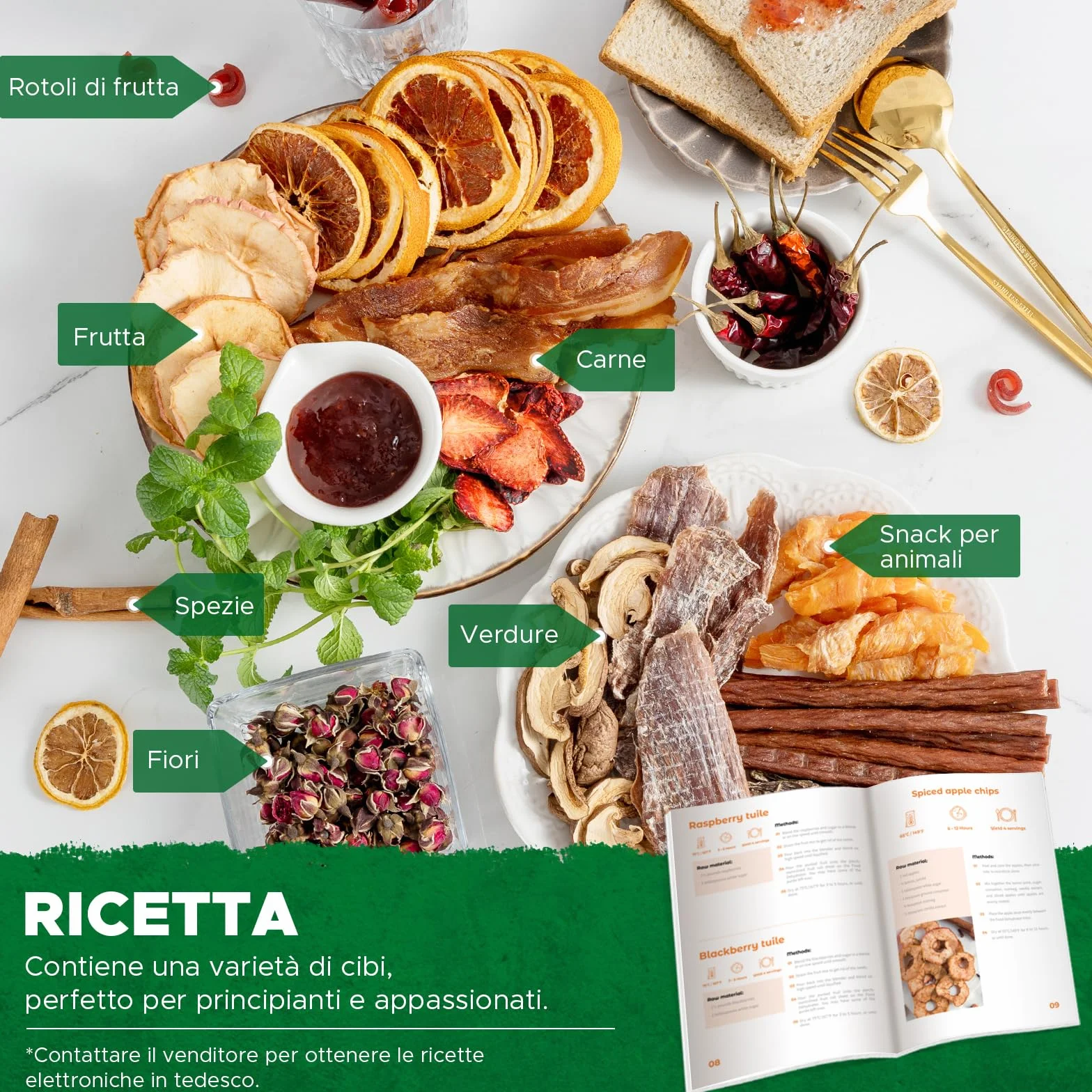 Kwasyo Essiccatore Alimentare in Acciaio Inox DA 1000, superficie di essiccazione XXL 1,8 m², temperatura regolabile 30-90℃, display LED, 24 ore, senza BPA, con ricettario, 10 vassoi in acciaio inox