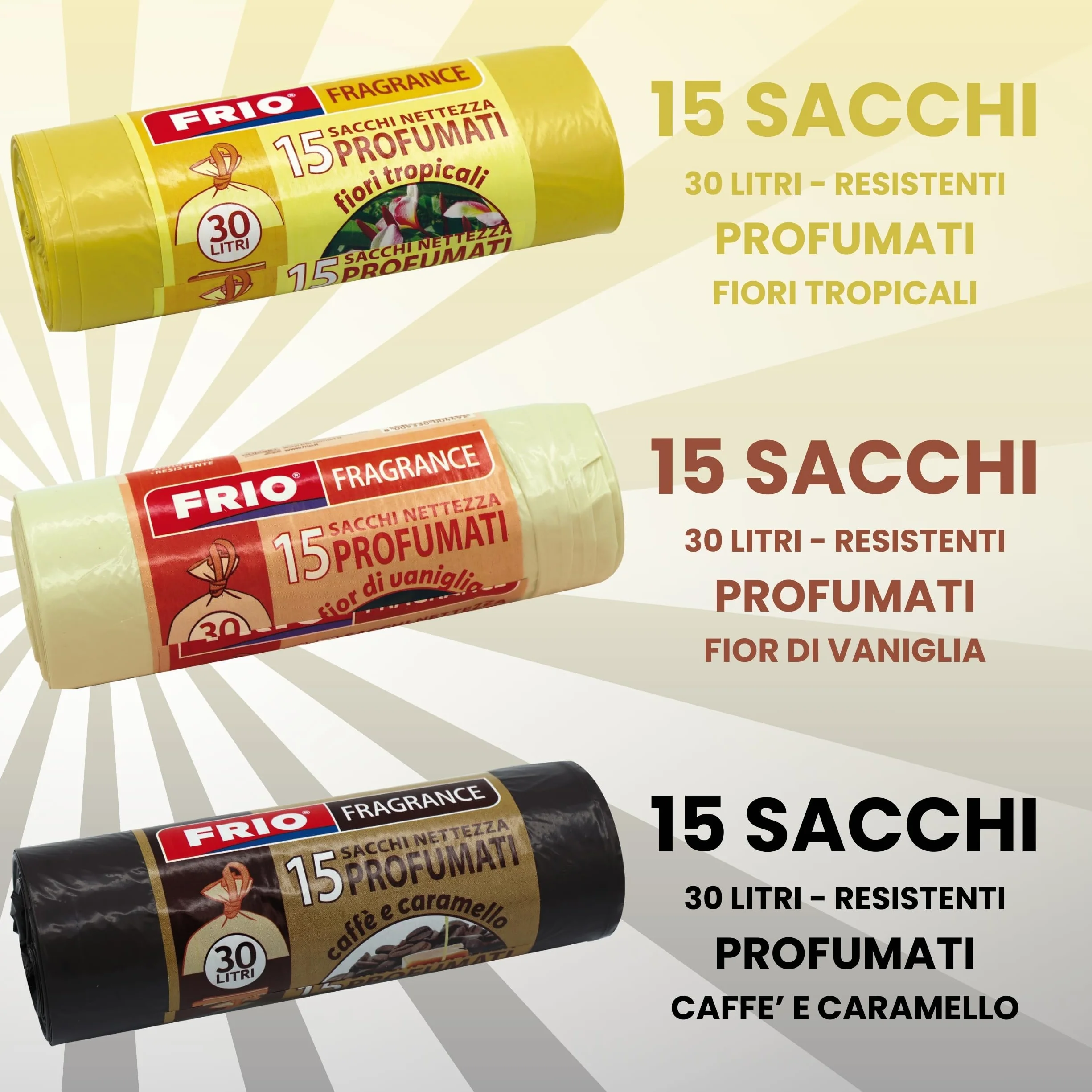 FRIO Multifrutti - 90 Sacchetti spazzatura 30 Litri Profumati, 6 Confezioni da 15 Sacchi immondizia con 6 aromi, colori assortiti - 52x58 cm - Buste per pattumiera resistenti, piccoli, differenziata