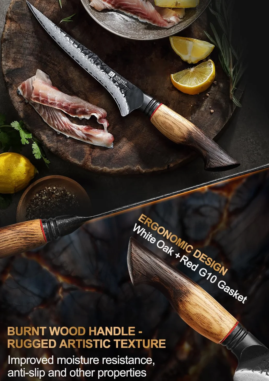 XINZUO 19cm Coltello per Sfilettare da Cucina Acciaio Damasco a 67 Strati -Professionale Coltello da Filetto Cucina Bordo Disossare Pesce e Carne -Manico Ergonomico in Rovere Bianco
