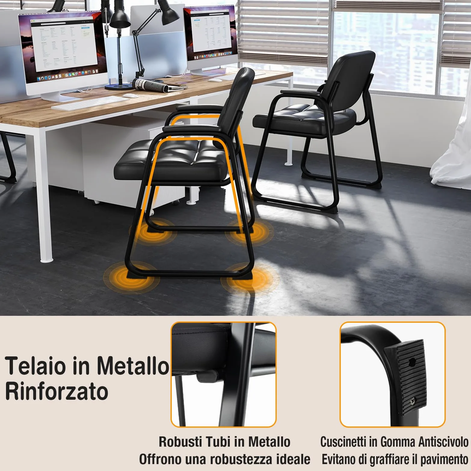 COSTWAY Set di 2 Sedie da Ufficio, Sedia per Sala d'Attesa con Struttura in Metallo, Braccioli Imbottiti, Sedia da Ospiti per Ufficio Riunioni, Portata 120 kg, Nero