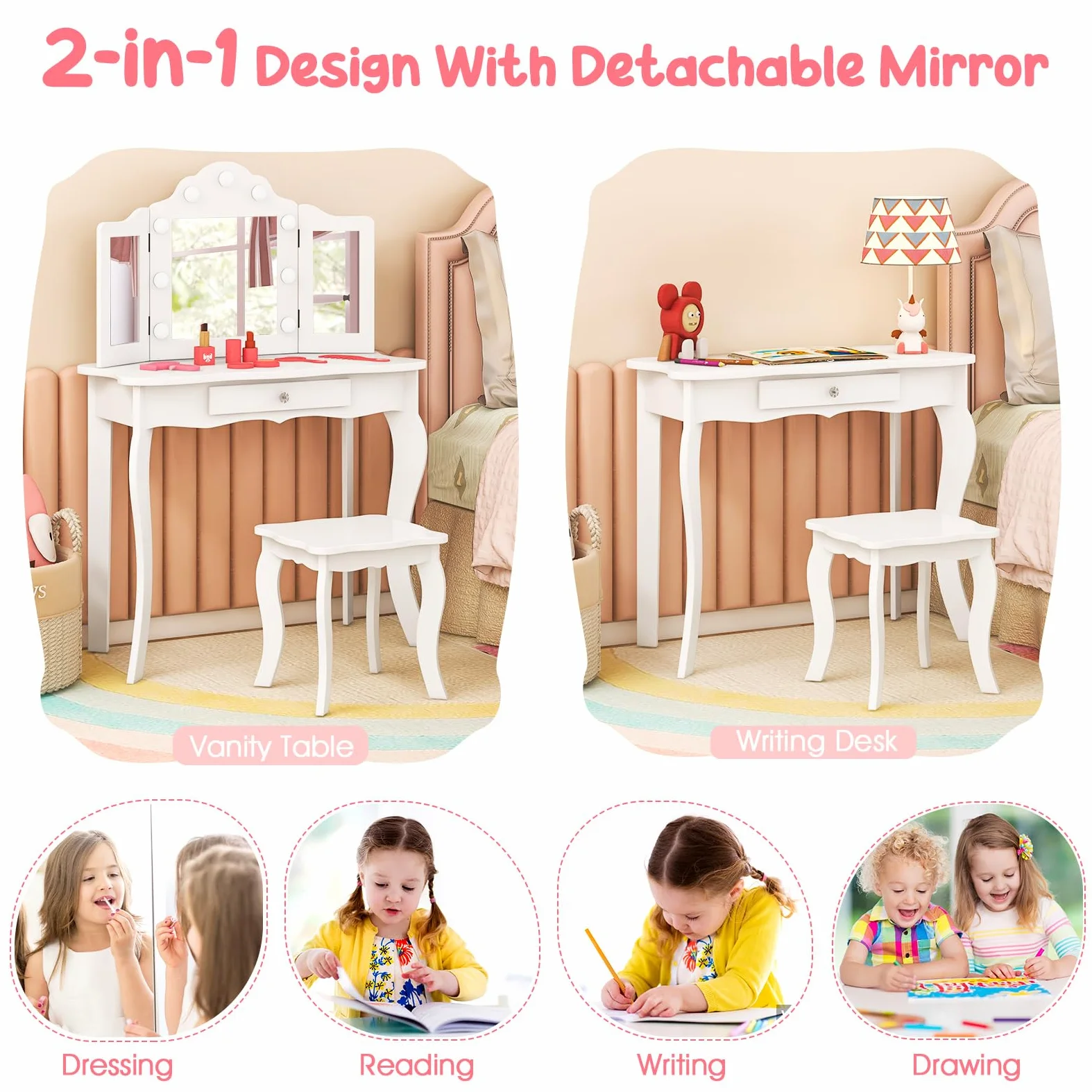 LIFEZEAL toeletta 2 in 1 per bambini con sgabello e cassetto, tavolo da trucco BIMBI con triplo specchio e 9 luci a LED in 3 modalità, antiribaltamento per Ragazzi dai 3 anni in su (Bianco)