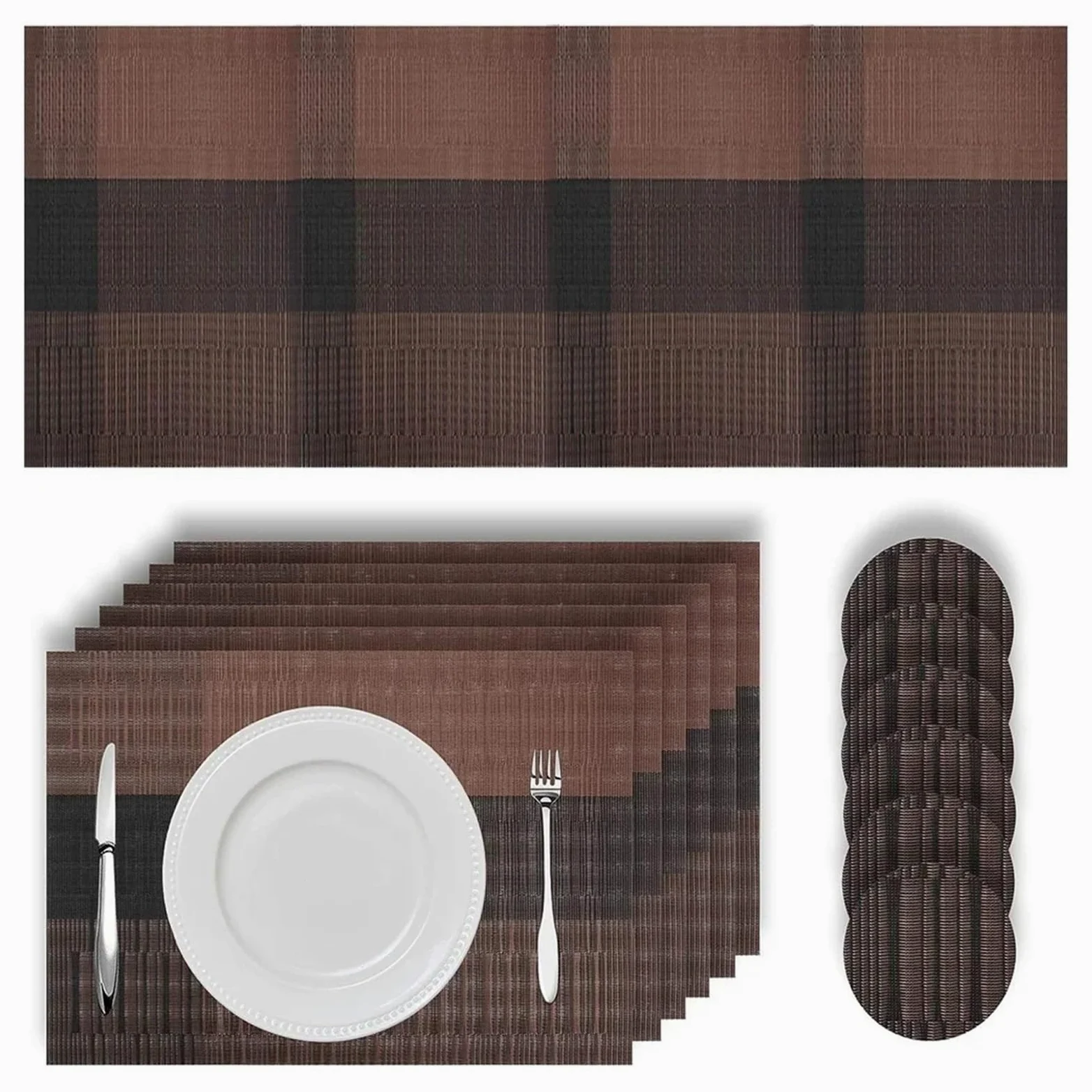 Set Tovagliette E Sottobicchieri Set di tovagliette in vinile intrecciato, antiscivolo lavabili, for sala da pranzo e cucina(6 and 1 Brown Black)