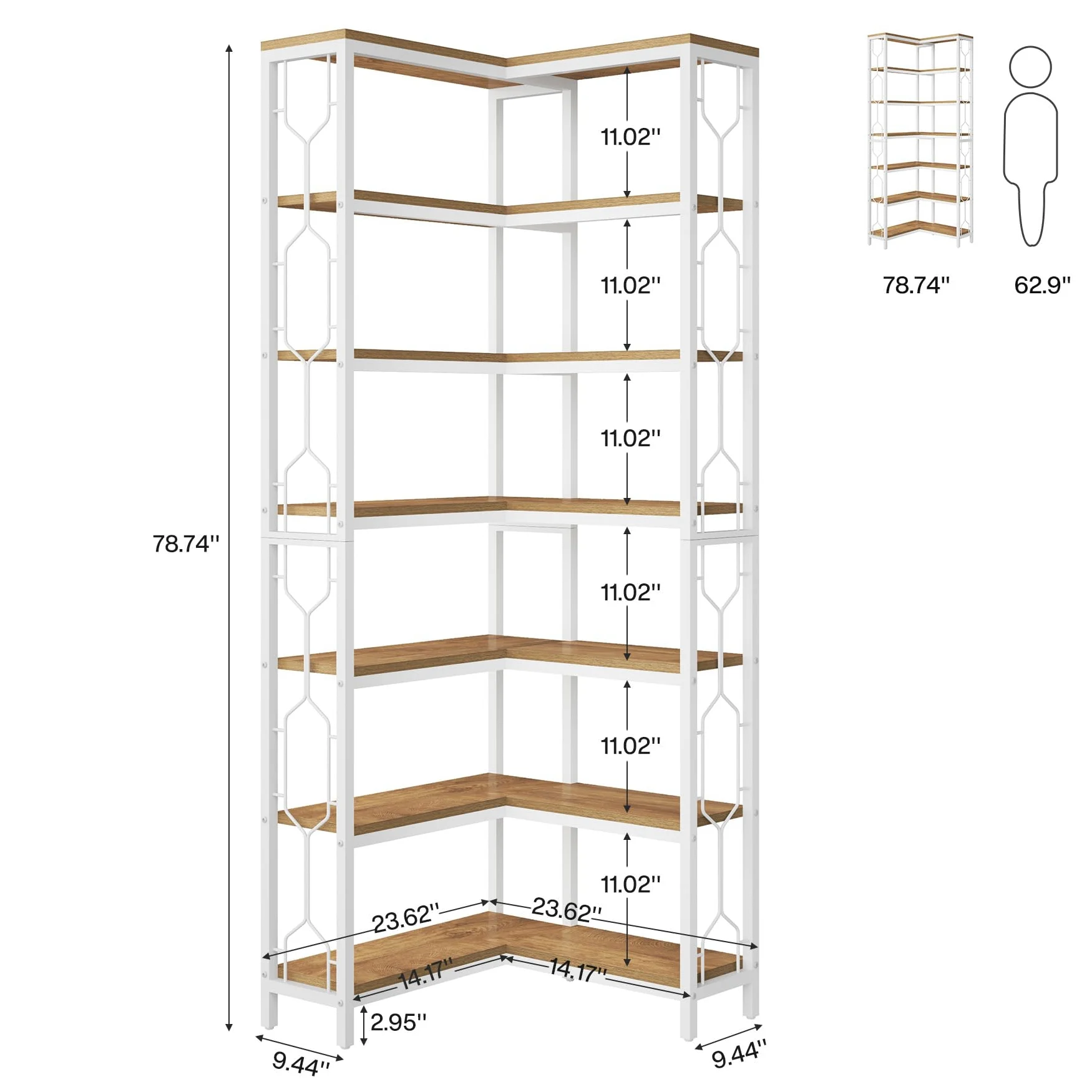 Tribesigns Etagere - Scaffale angolare industriale a 7 ripiani, in legno e metallo, scaffale autoportante per soggiorno, cucina, casa, ufficio, bianco e naturale