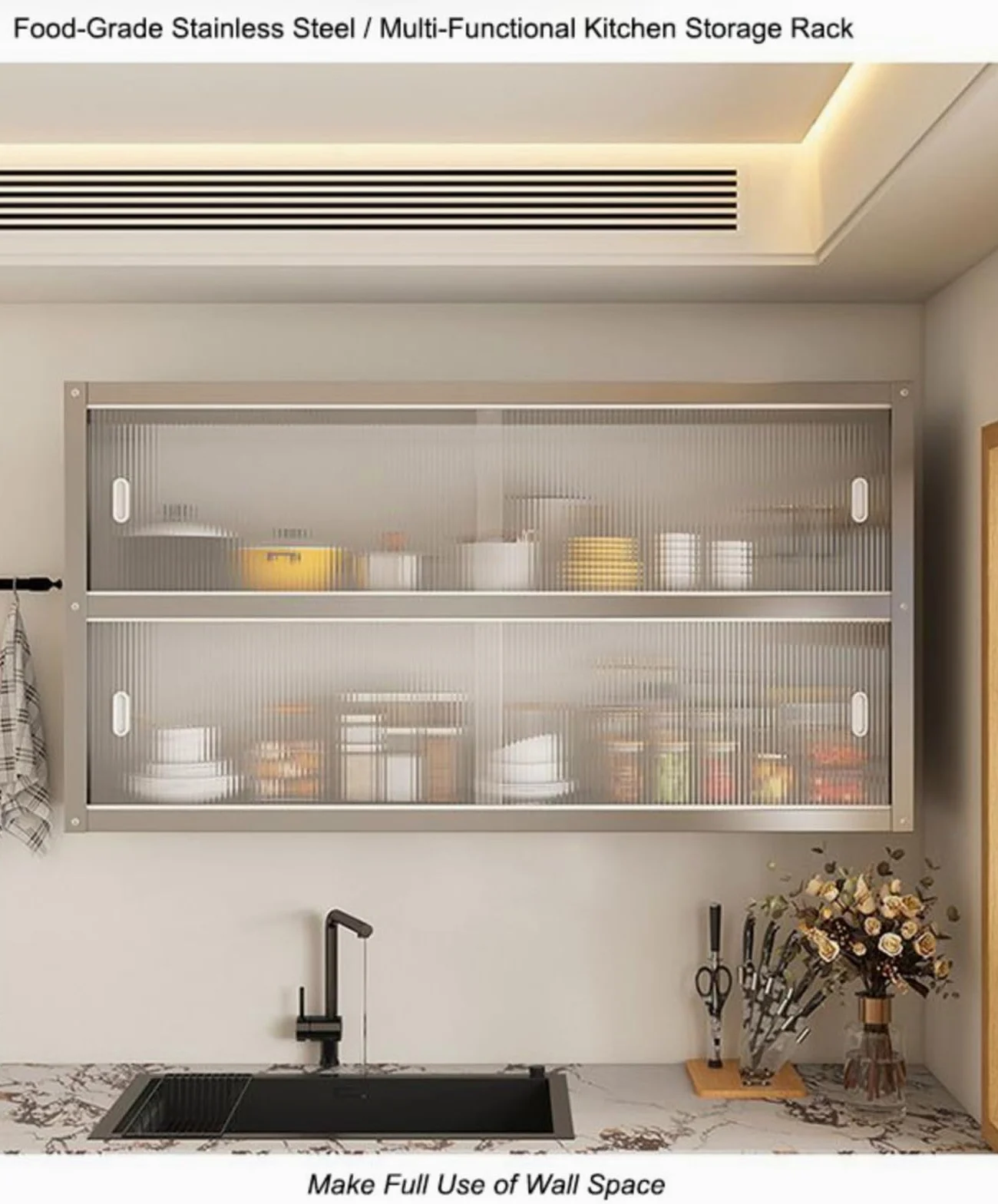 Armadio Pensile Cucina in Acciaio Inox con Ante Scorrevoli, Mobile Pensile da Parete per Cucina, Armadietto di Stoccaggio Murale per Cucina Bagno Ufficio(50x30x40CM)